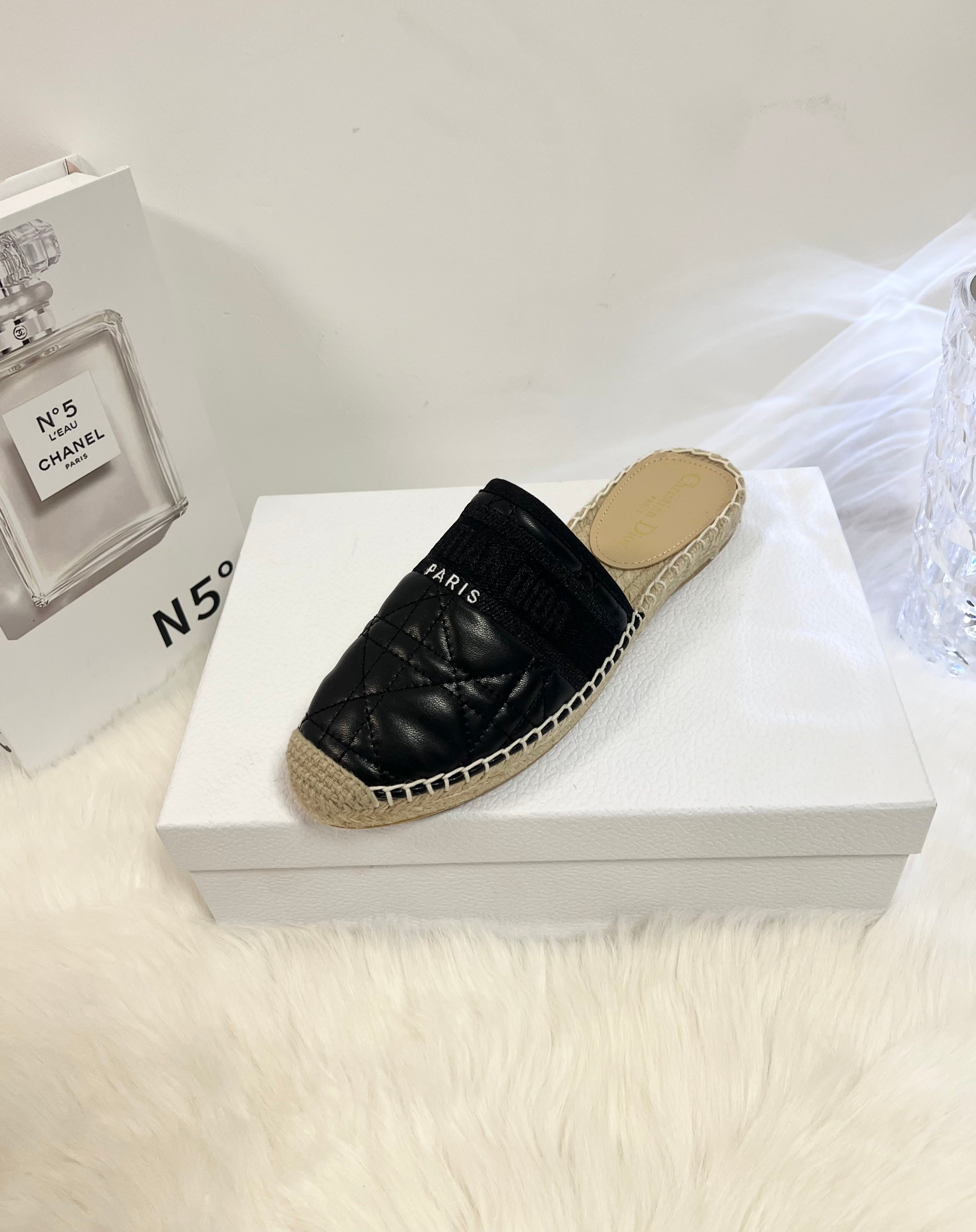 DIOR GRANVILLE ESPADRILLE MULE BLACK QUILTED CANNAGE CALFSKIN