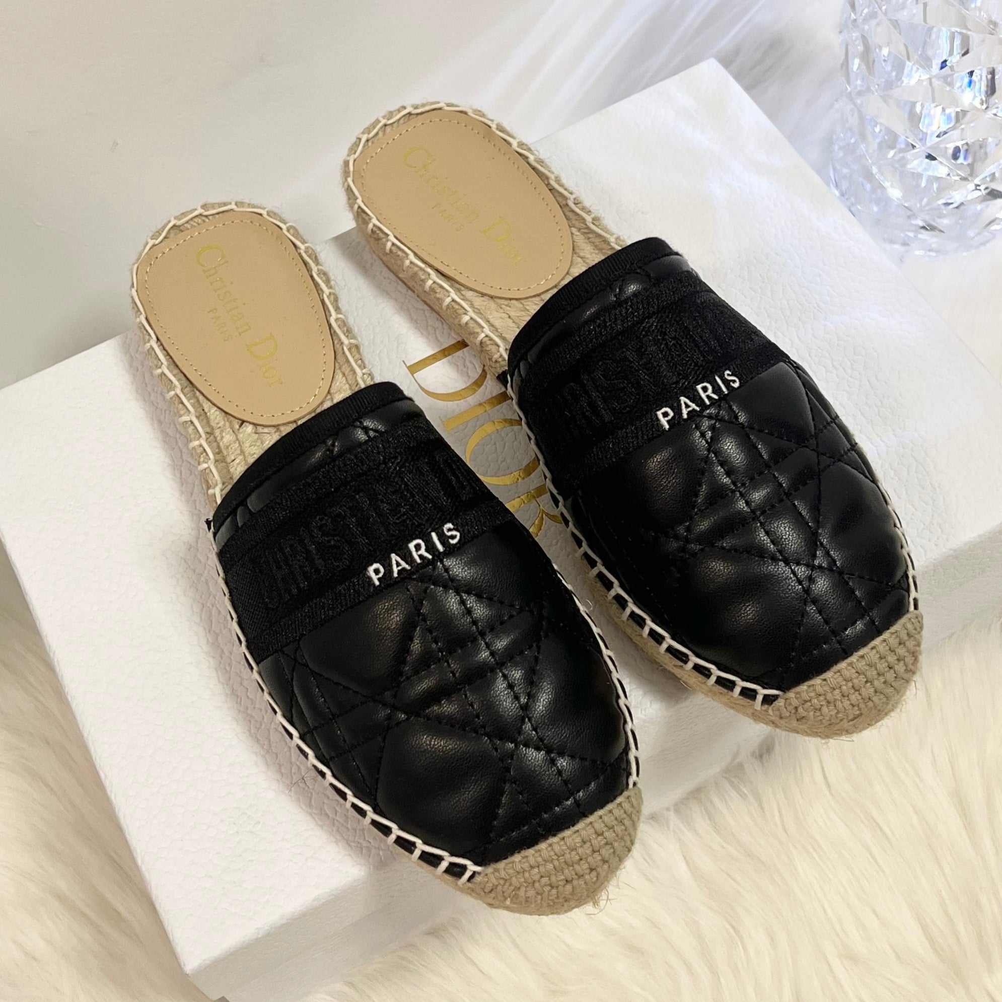 DIOR GRANVILLE ESPADRILLE MULE BLACK QUILTED CANNAGE CALFSKIN
