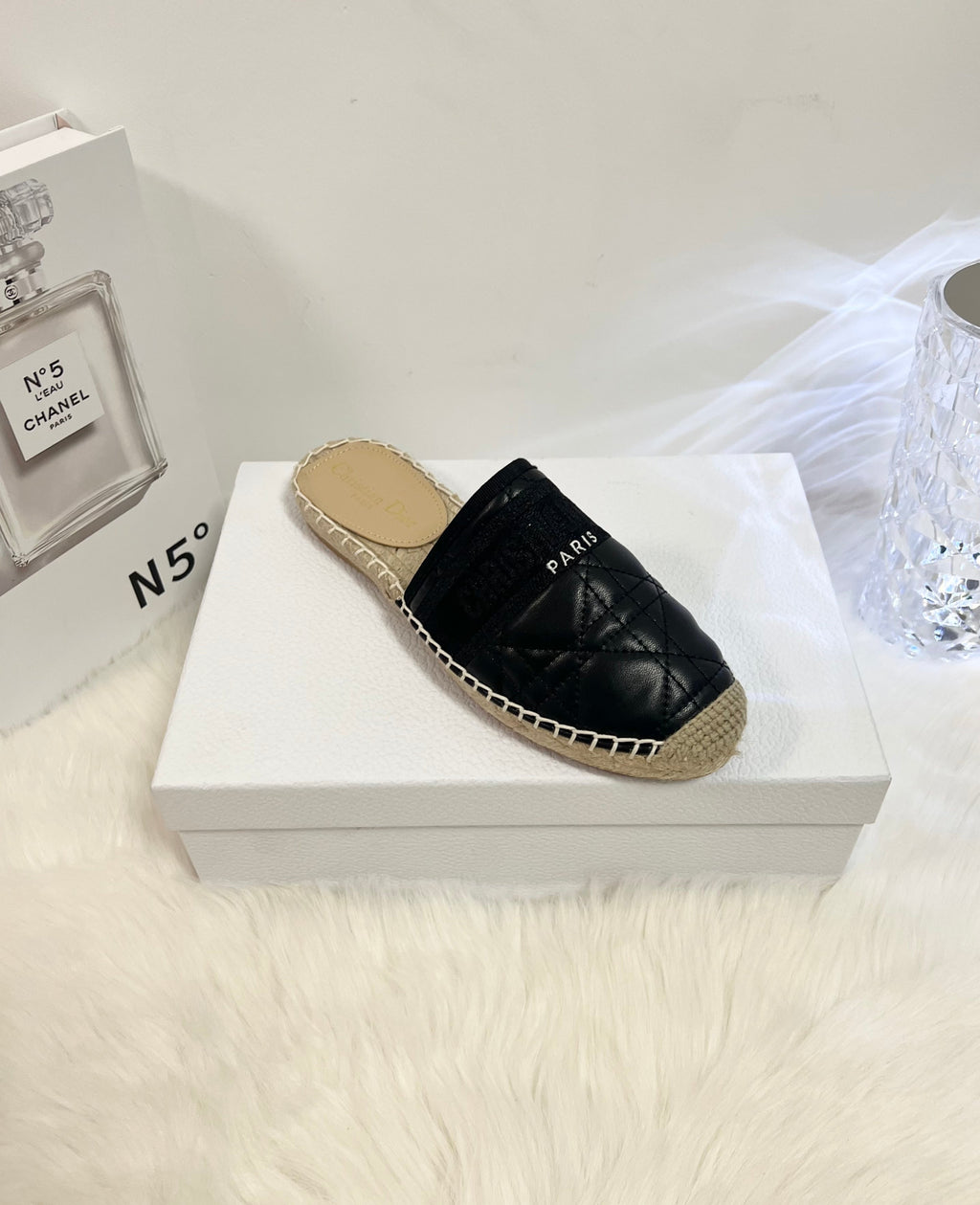 DIOR GRANVILLE ESPADRILLE MULE BLACK QUILTED CANNAGE CALFSKIN