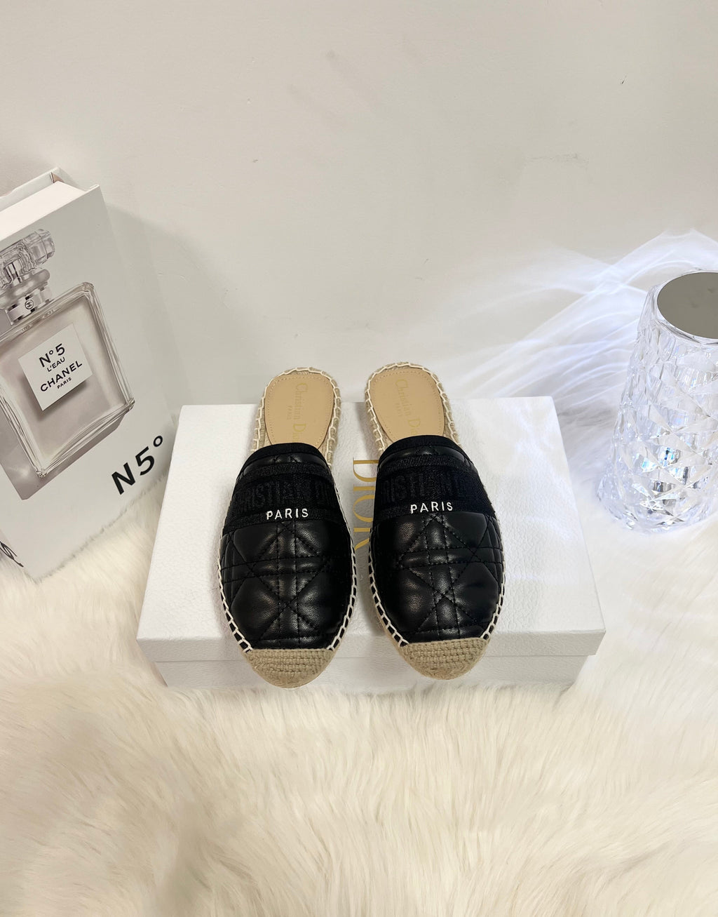 DIOR GRANVILLE ESPADRILLE MULE BLACK QUILTED CANNAGE CALFSKIN