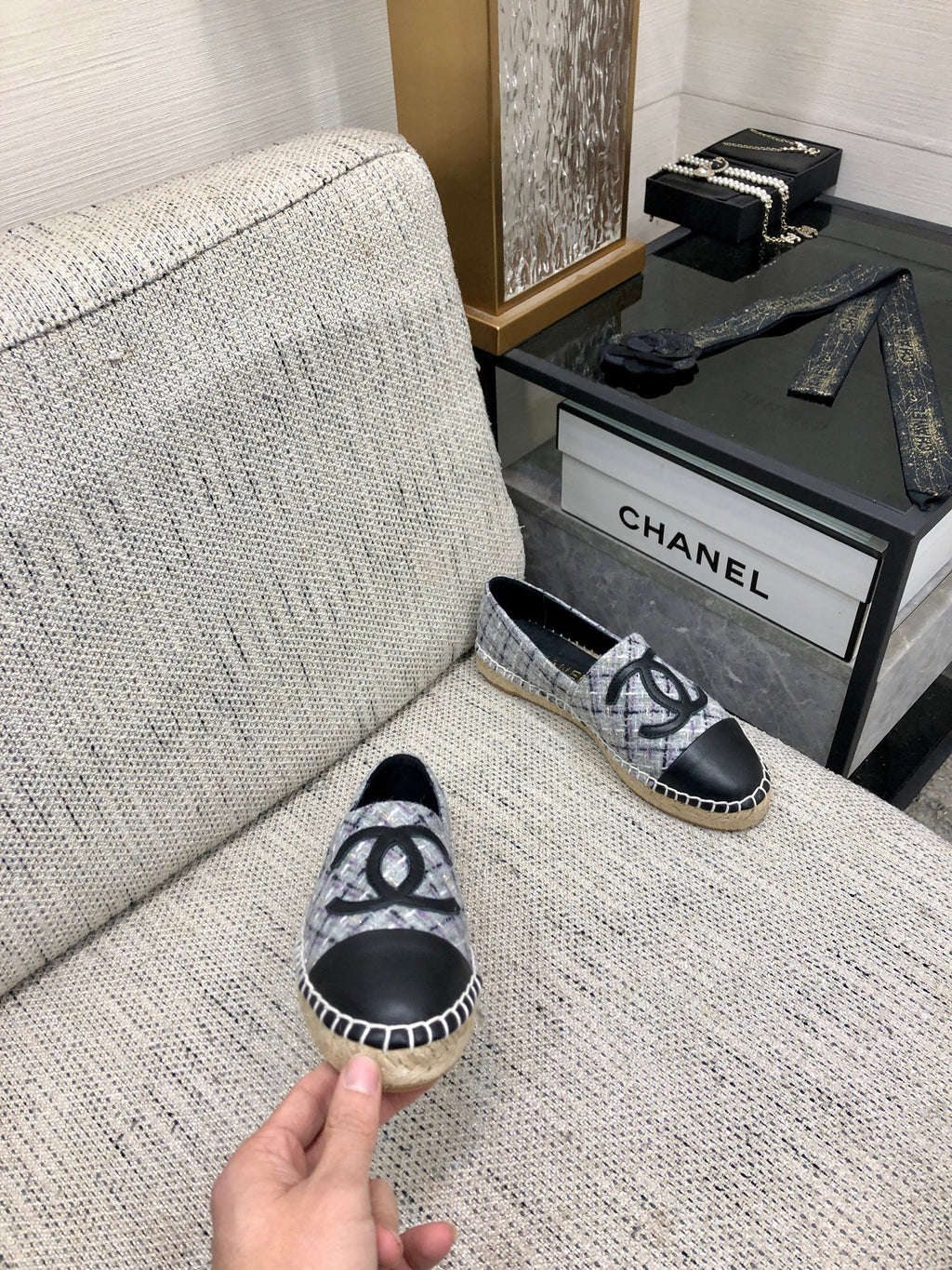CHANEL ESPADRILLE COLORFUL TWEED FABRIC AND BLACK CALFSKIN FLATS