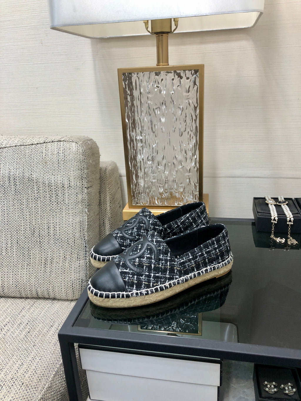 CHANEL ESPADRILLE BLACK MIX WHITE TWEED FABRIC AND CALFSKIN FLATS