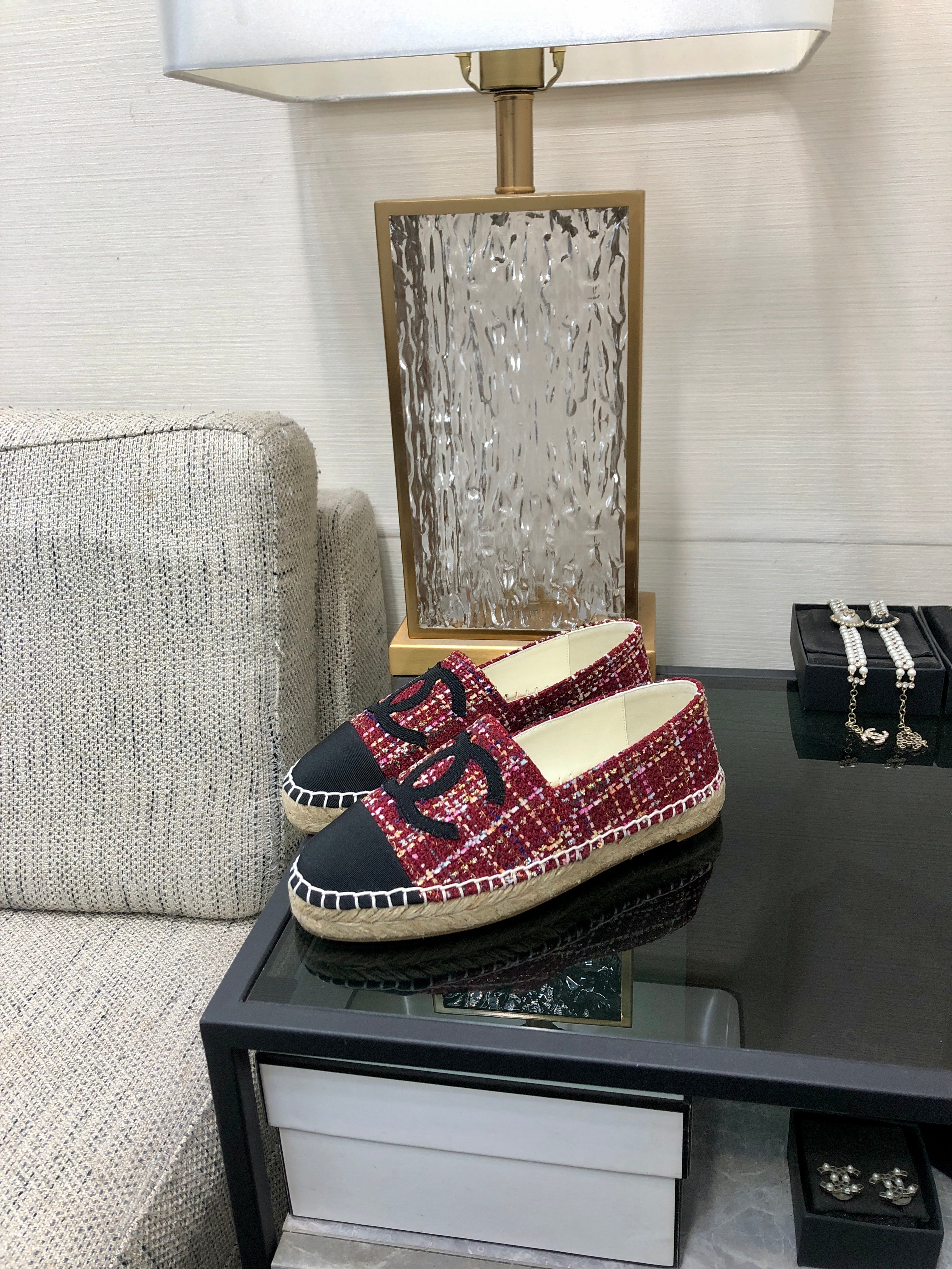 CHANEL ESPADRILLE BLACK MIX CRIMSON RED TWEED FABRIC FLATS