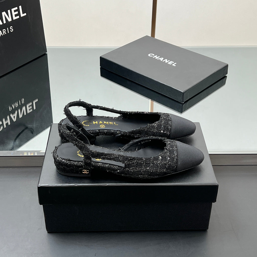 CHANEL SLINGBACK 25S IN BLACK FABRIC AND TWEED SEQUINED