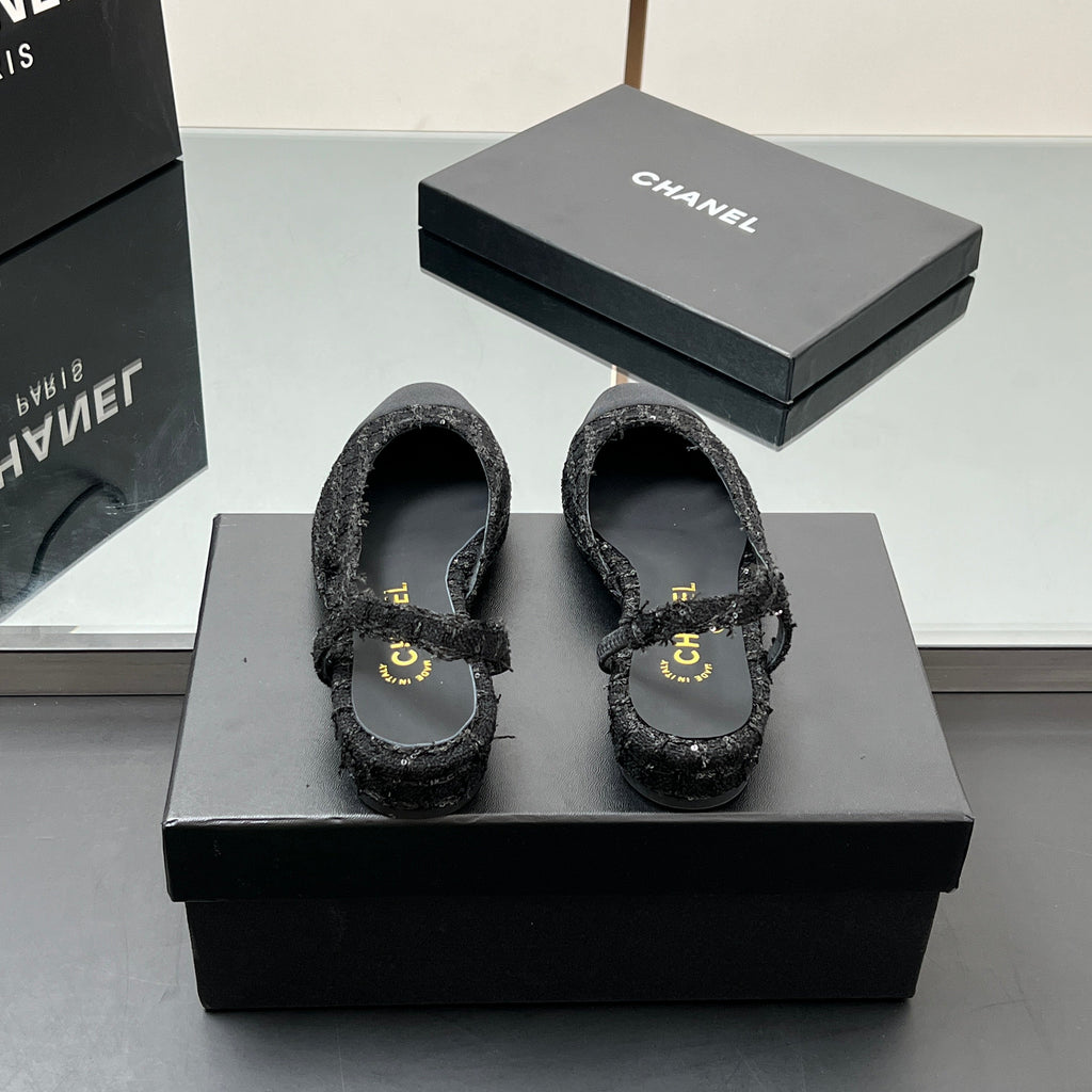 CHANEL SLINGBACK 25S IN BLACK FABRIC AND TWEED SEQUINED