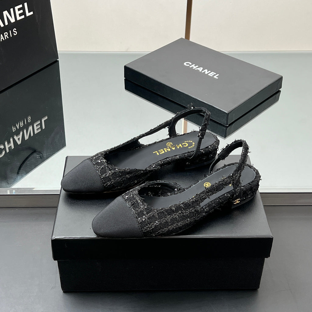 CHANEL SLINGBACK 25S IN BLACK FABRIC AND TWEED SEQUINED