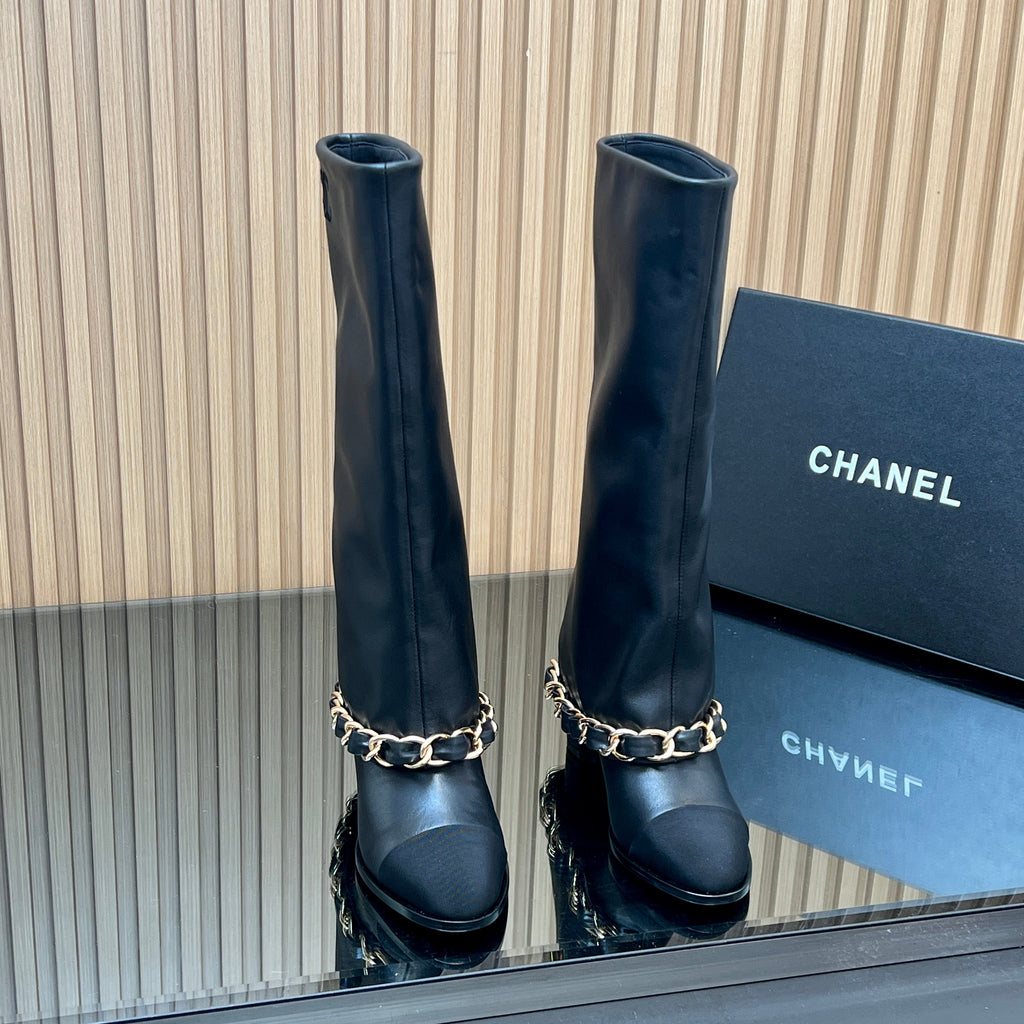 CHANEL 25S KNEE-HIGH HEELED BOOTS 65MM IN BLACK CALFSKIN GOLD HARDWARE
