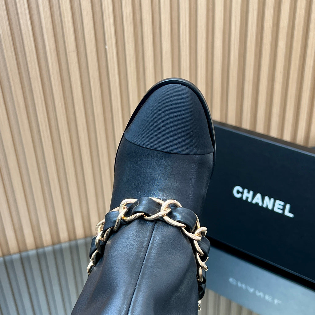 CHANEL 25S KNEE-HIGH HEELED BOOTS 65MM IN BLACK CALFSKIN GOLD HARDWARE