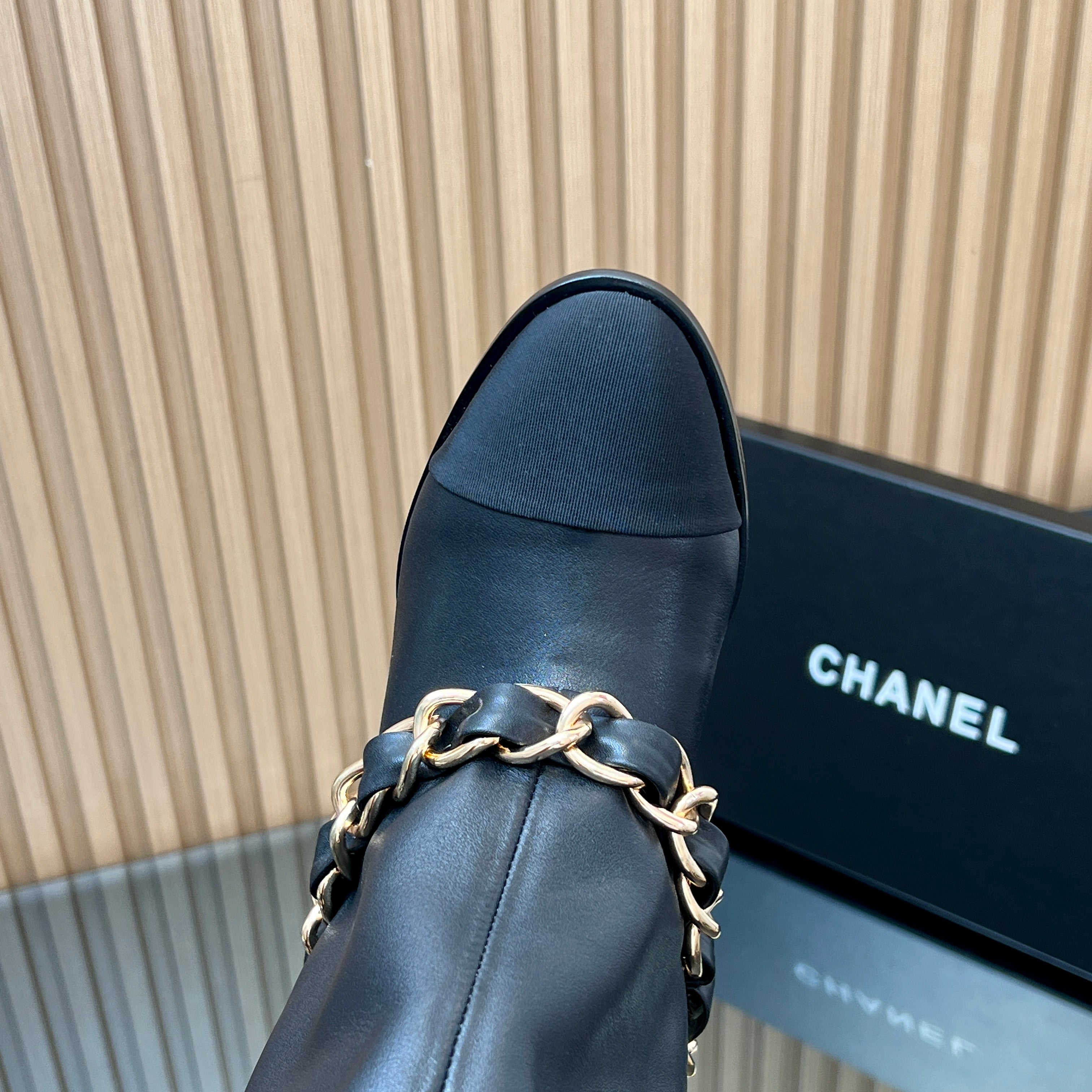 CHANEL 25S KNEE-HIGH HEELED BOOTS 65MM IN BLACK CALFSKIN GOLD HARDWARE