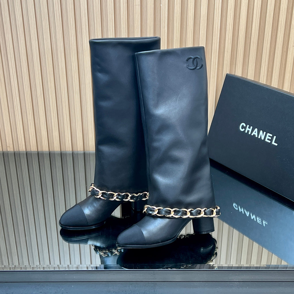 CHANEL 25S KNEE-HIGH HEELED BOOTS 65MM IN BLACK CALFSKIN GOLD HARDWARE