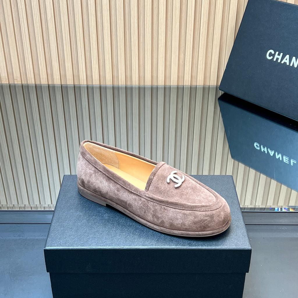 CHANEL 25S TEDDY LOAFER 15MM IN TAUPE GRAY SUEDE SILVER HARDWARE