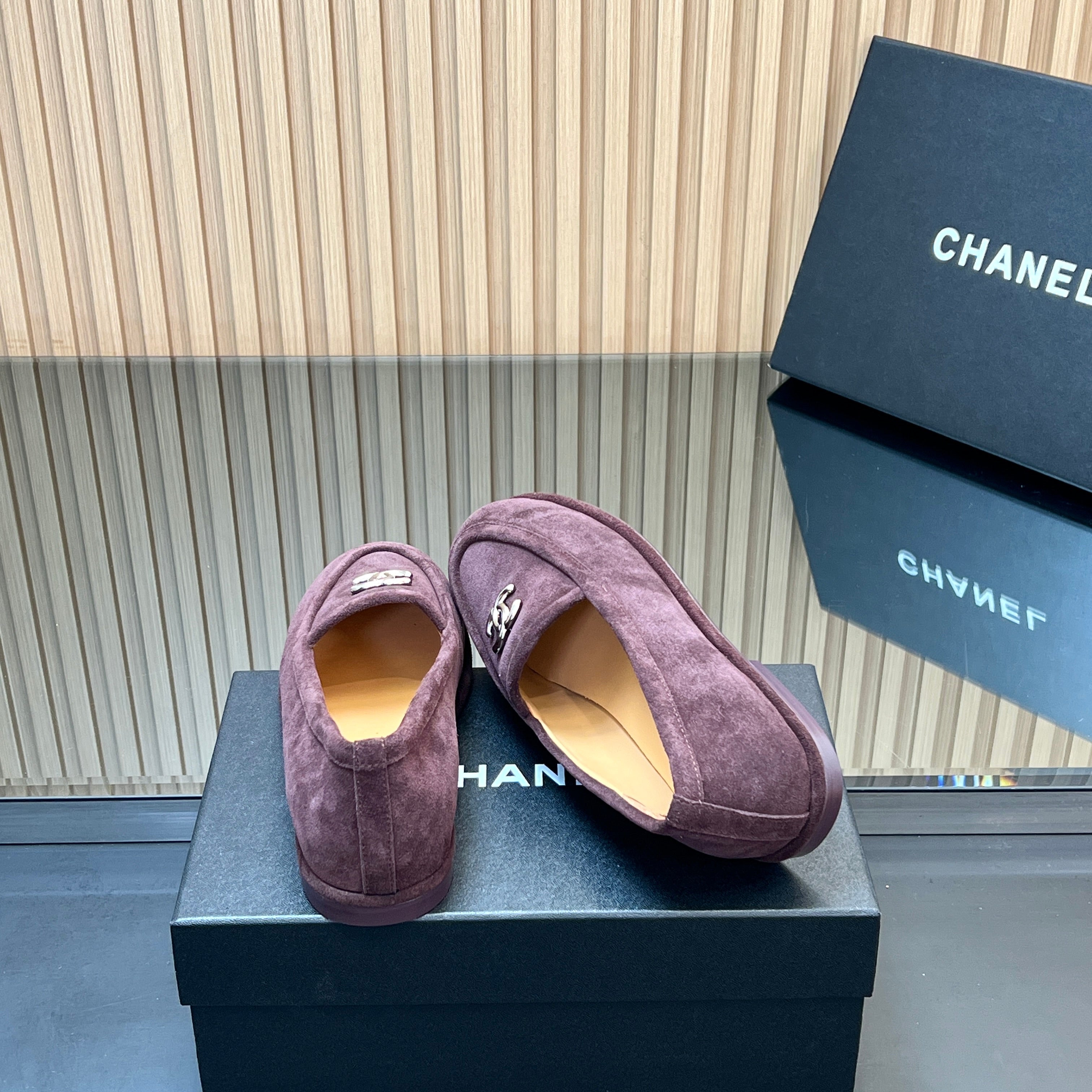 CHANEL 25S TEDDY LOAFER 15MM IN DARK PURPLE SUEDE SILVER HARDWRE