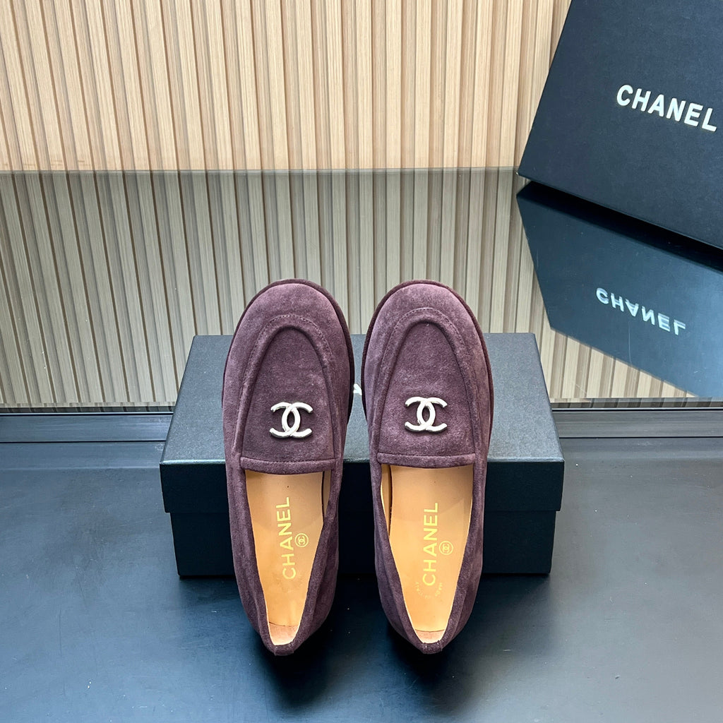 CHANEL 25S TEDDY LOAFER 15MM IN DARK PURPLE SUEDE SILVER HARDWARE