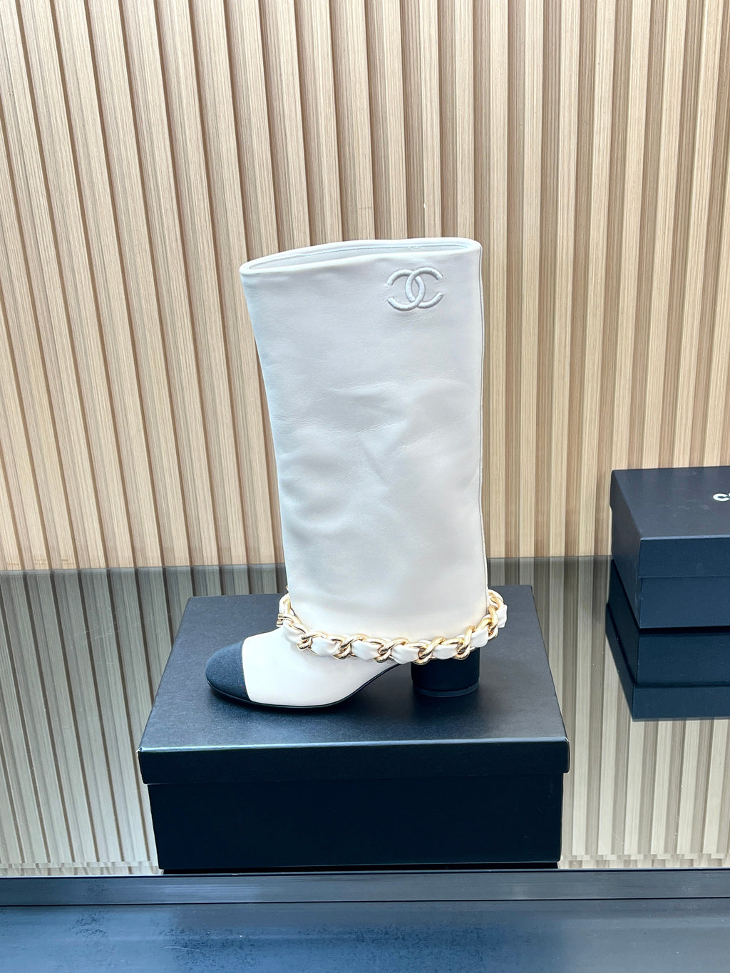 CHANEL 25S HIGH BOOTS 65MM IN WHITE CALFSKIN GOLD HARDWARE