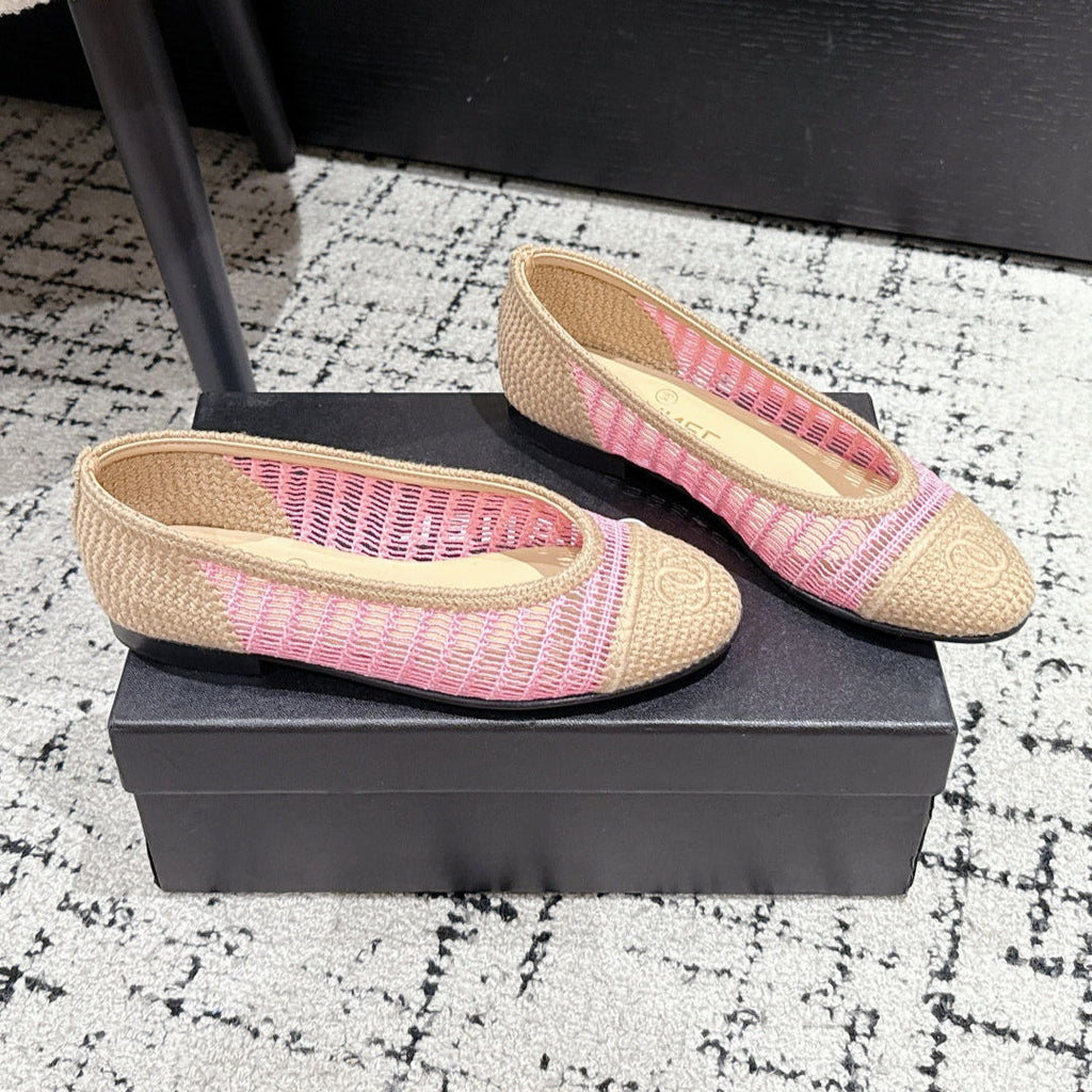 CHANEL BALLET FLAT 25S IN PINK AND BEIGE RAFFIA