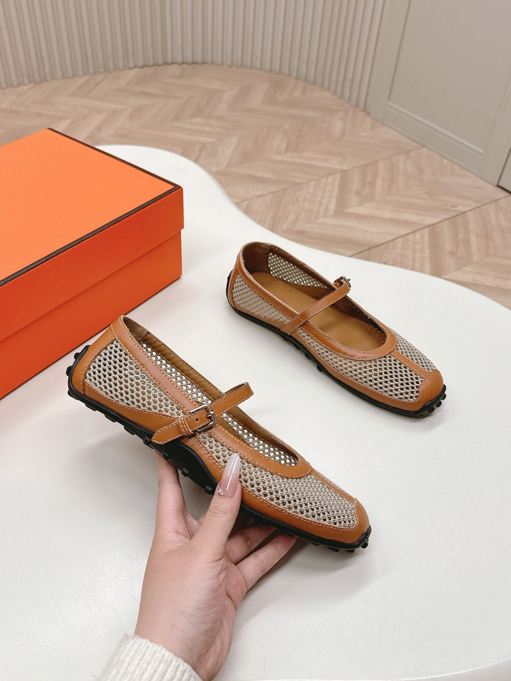 HERMES KICHU BALLET FLAT IN BRONZE BROWN CROCHET KNIT AND CALFSKIN
