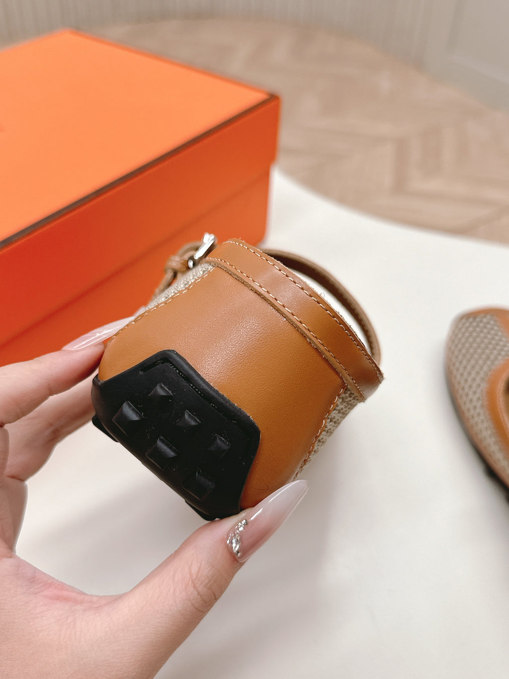 HERMES KICHU BALLET FLAT IN BRONZE BROWN CROCHET KNIT AND CALFSKIN