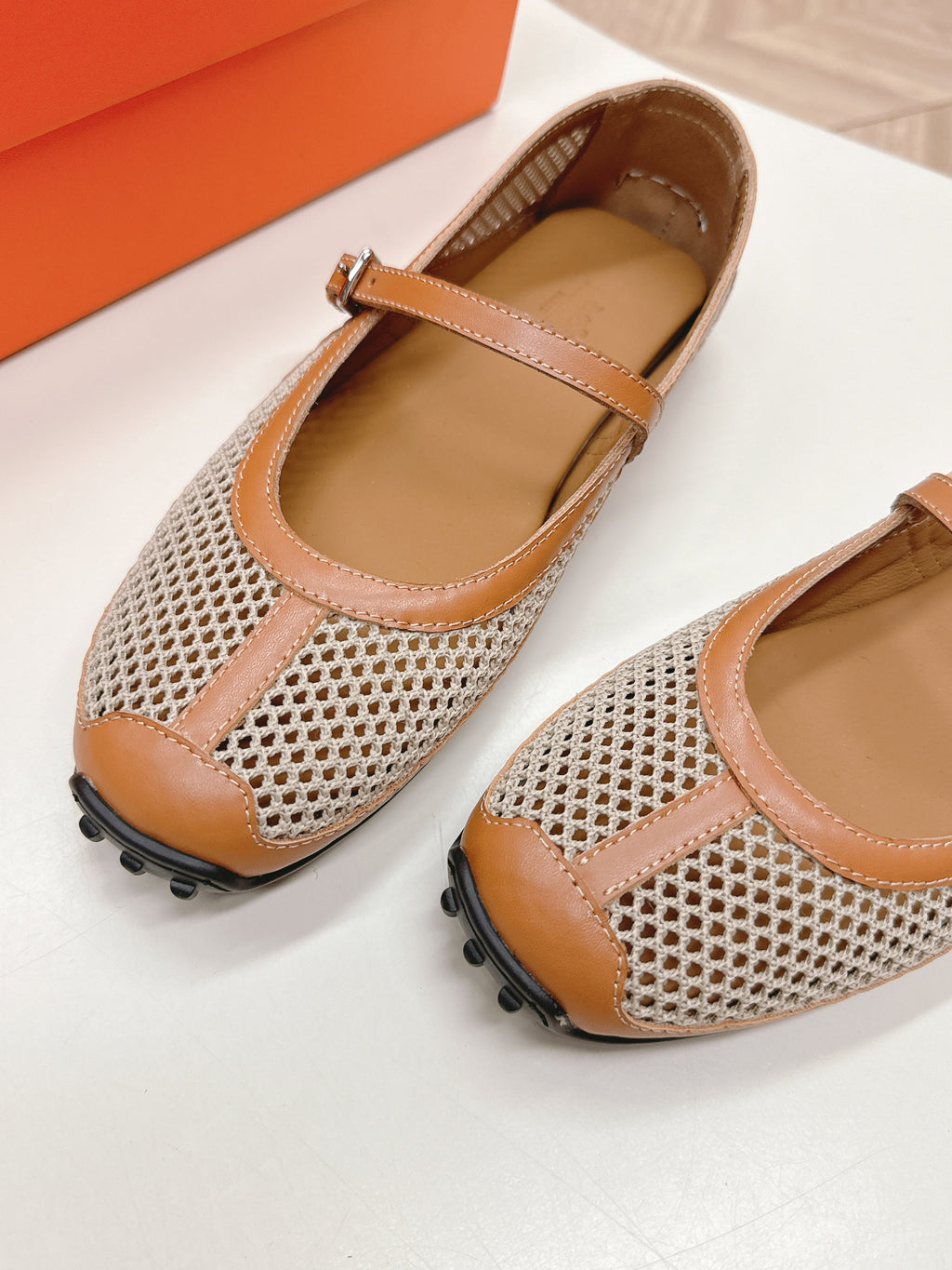 HERMES KICHU BALLET FLAT IN BRONZE BROWN CROCHET KNIT AND CALFSKIN