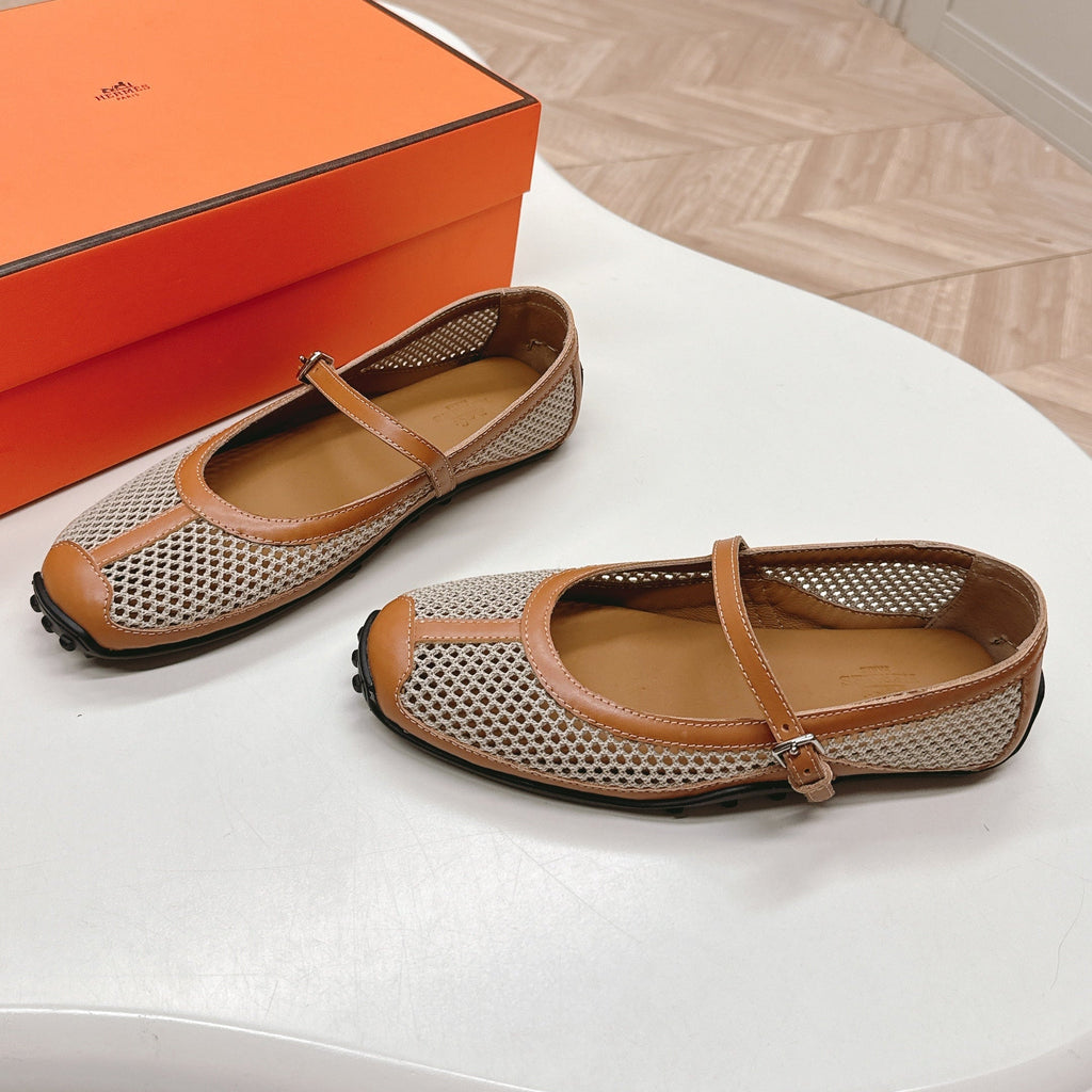 HERMES KICHU BALLET FLAT IN BRONZE BROWN CROCHET KNIT AND CALFSKIN