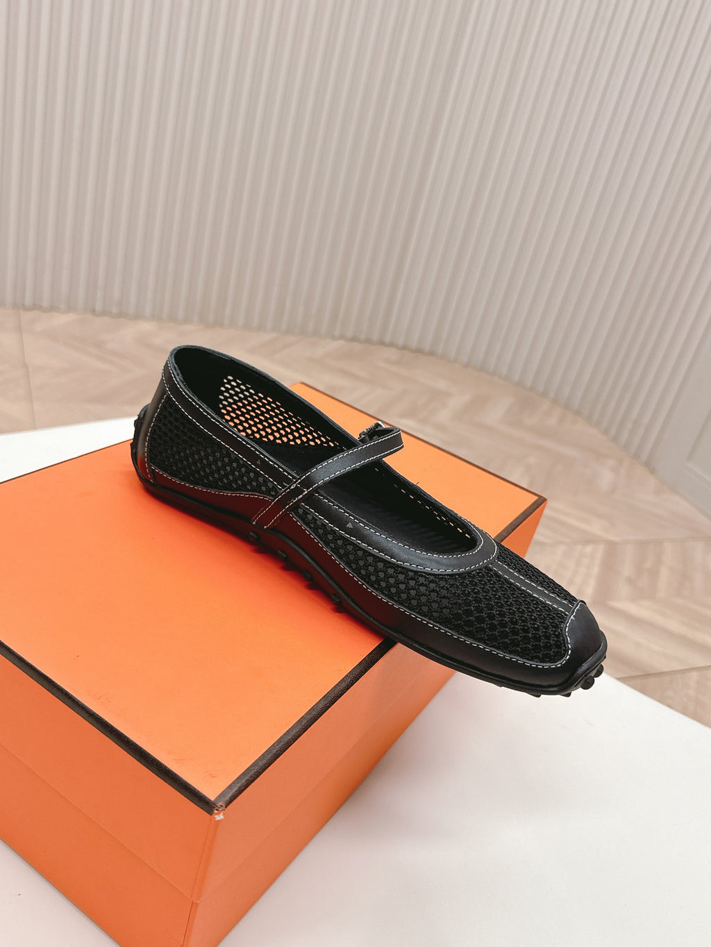 HERMES KICHU BALLET FLAT IN BLACK CROCHET KNIT AND CALFSKIN