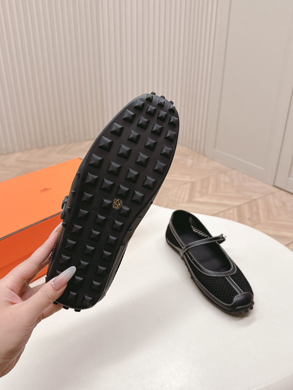 HERMES KICHU BALLET FLAT IN BLACK CROCHET KNIT AND CALFSKIN
