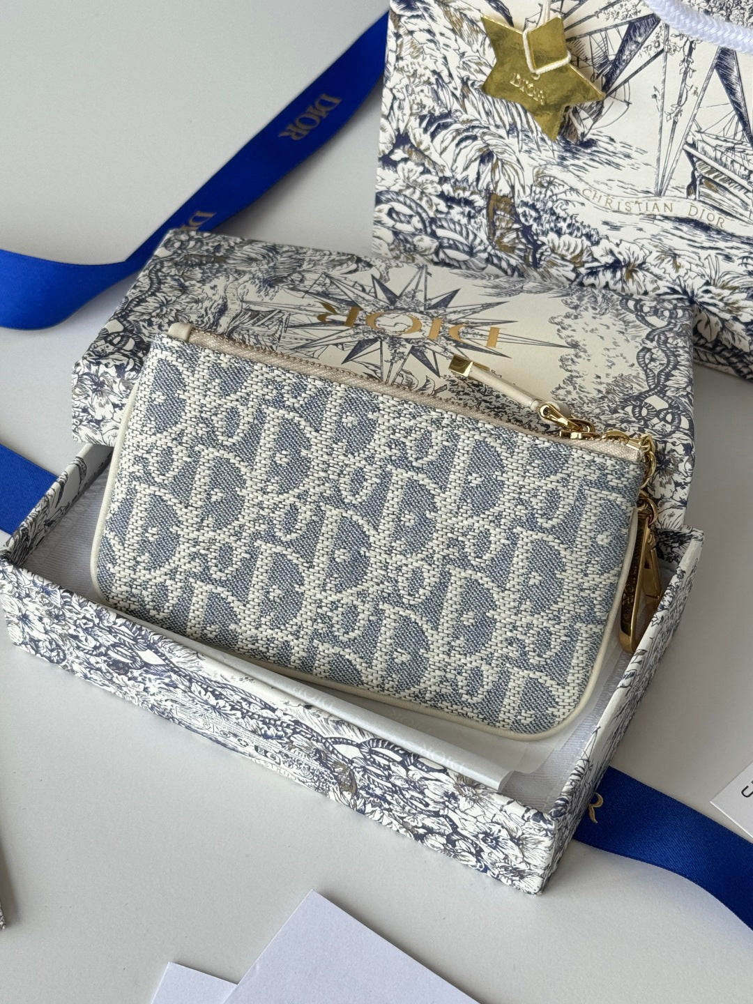 DIOR 25S TRAVEL MYRTE ZIPPED KEY CASE 14 IN BLUE  OBLIQUE JACQUARD CANVAS
