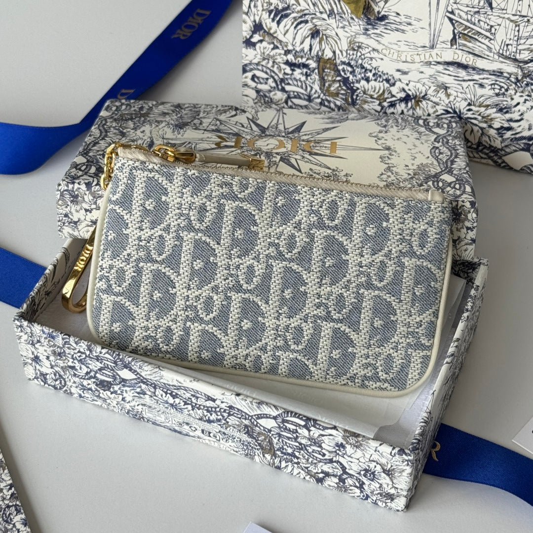 DIOR 25S TRAVEL MYRTE ZIPPED KEY CASE 14 IN BLUE  OBLIQUE JACQUARD CANVAS