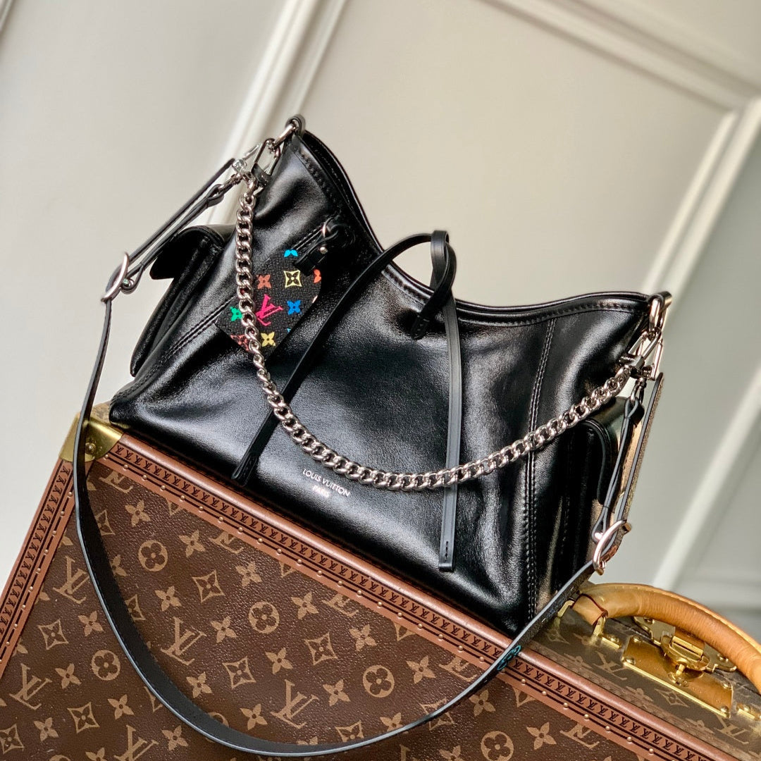 LOUIS VUITTON CARRYALL CARGO VIBE PM 33.5 IN BLACK LAMBSKIN COLORFUL MONOGRAM TAG