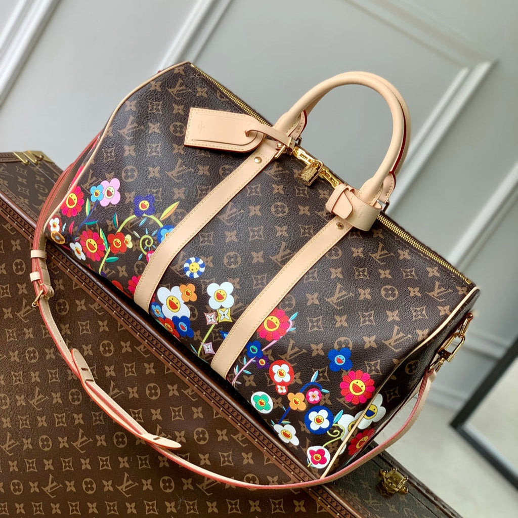 LOUIS VUITTON KEEPALL BANDOULIÈRE  FLORAL 45 IN BROWN MONOGRAM COATED CANVAS