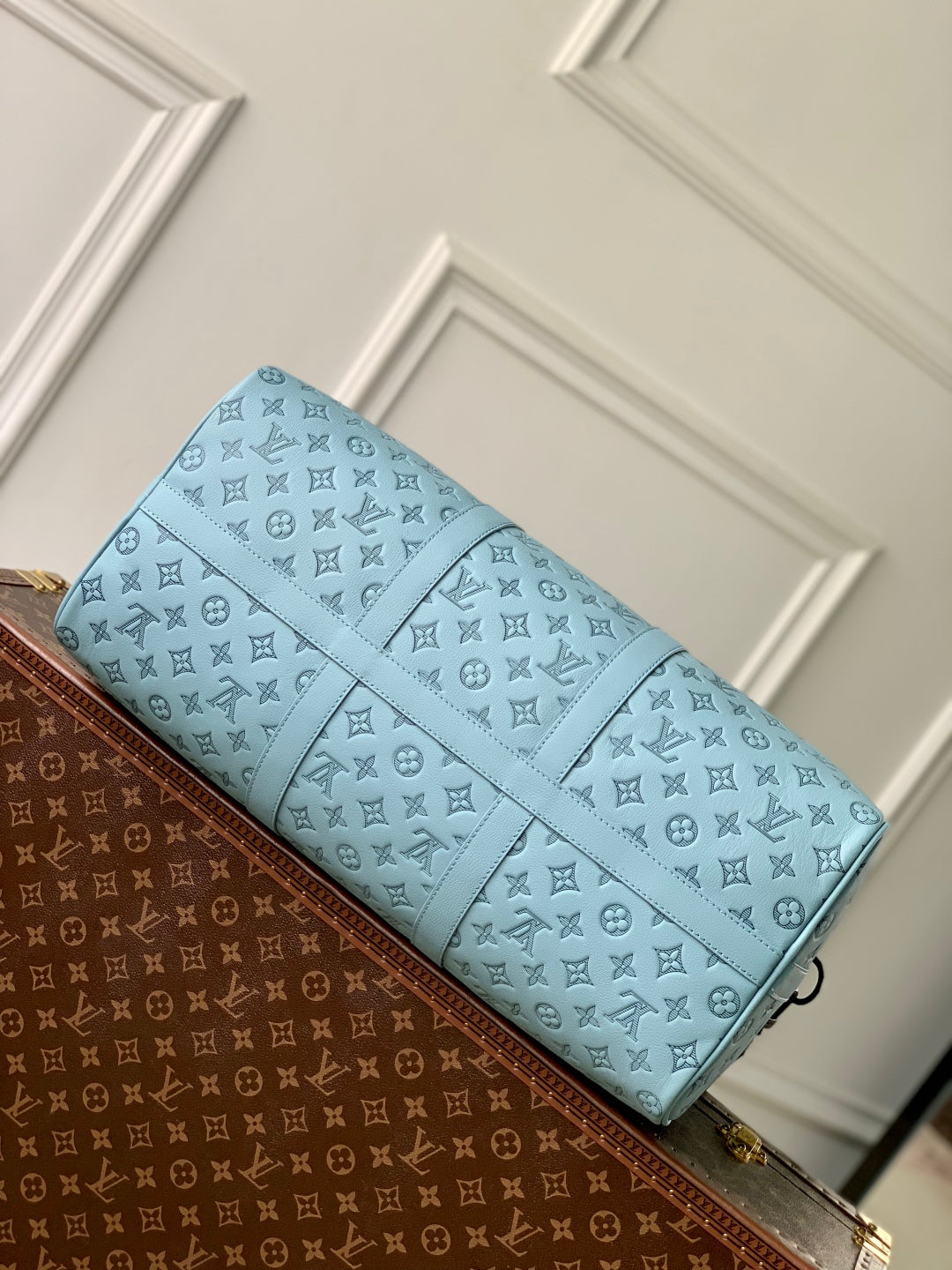 LOUIS VUITTON KEEPALL BANDOULIÈRE 50 IN SKY BLUE MONOGRAM SHADOW EMBOSSED CALFSKIN