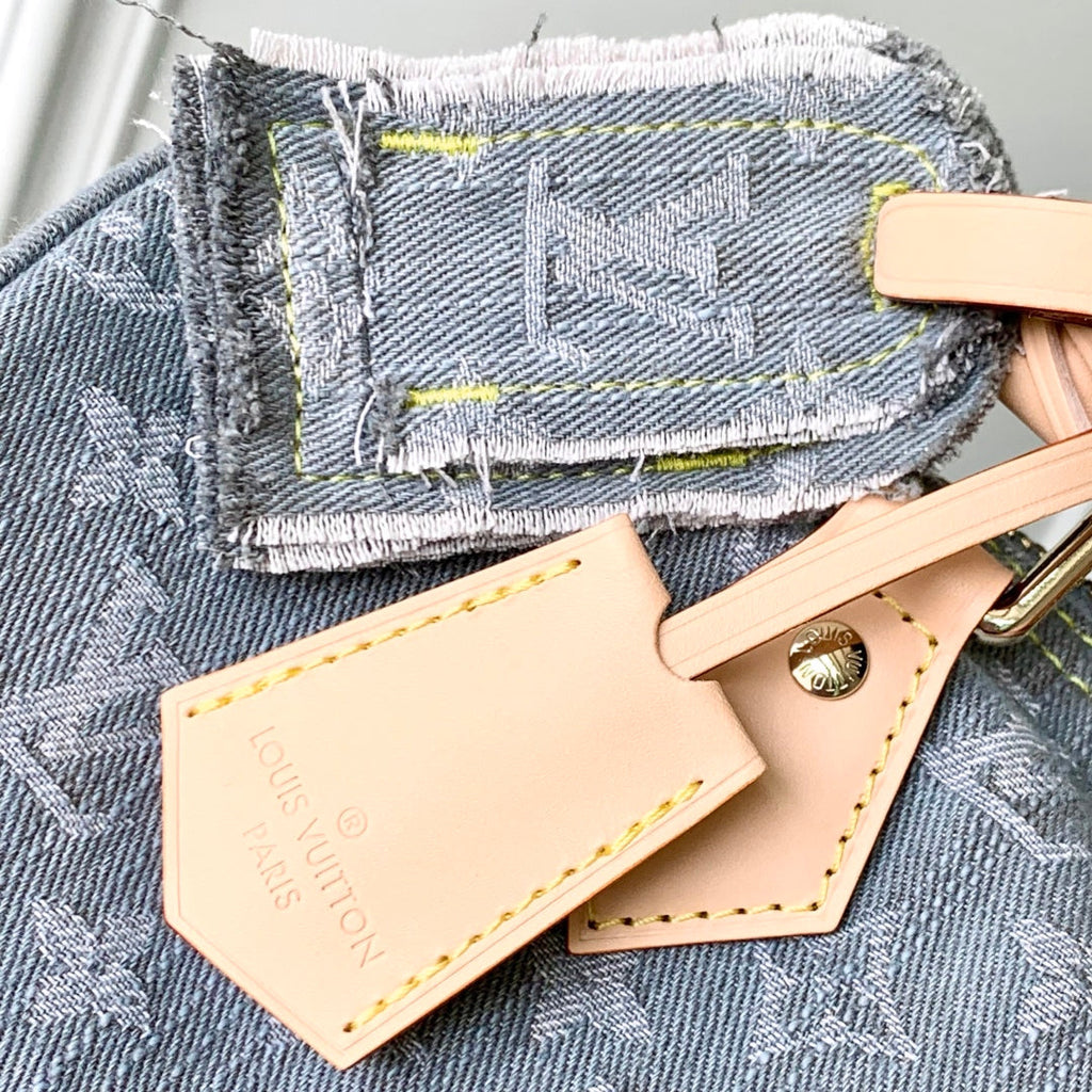 LOUIS VUITTON SPEEDY SOFT 30 IN GREY MONOGRAM DENIM LIGHT BROWN CALFSKIN