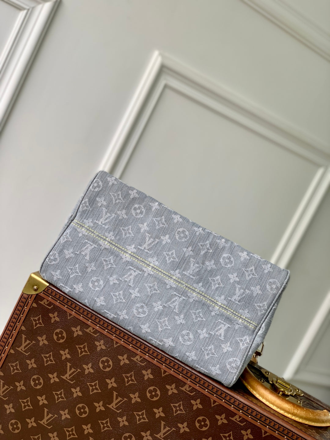 LOUIS VUITTON SPEEDY SOFT 30 IN GREY MONOGRAM DENIM LIGHT BROWN CALFSKIN