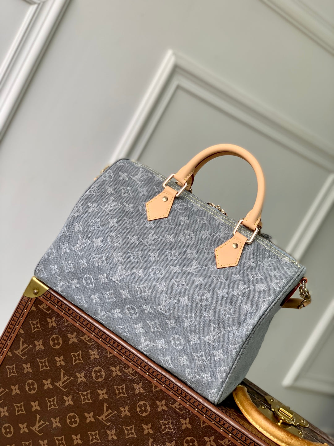 LOUIS VUITTON SPEEDY SOFT 30 IN GREY MONOGRAM DENIM LIGHT BROWN CALFSKIN