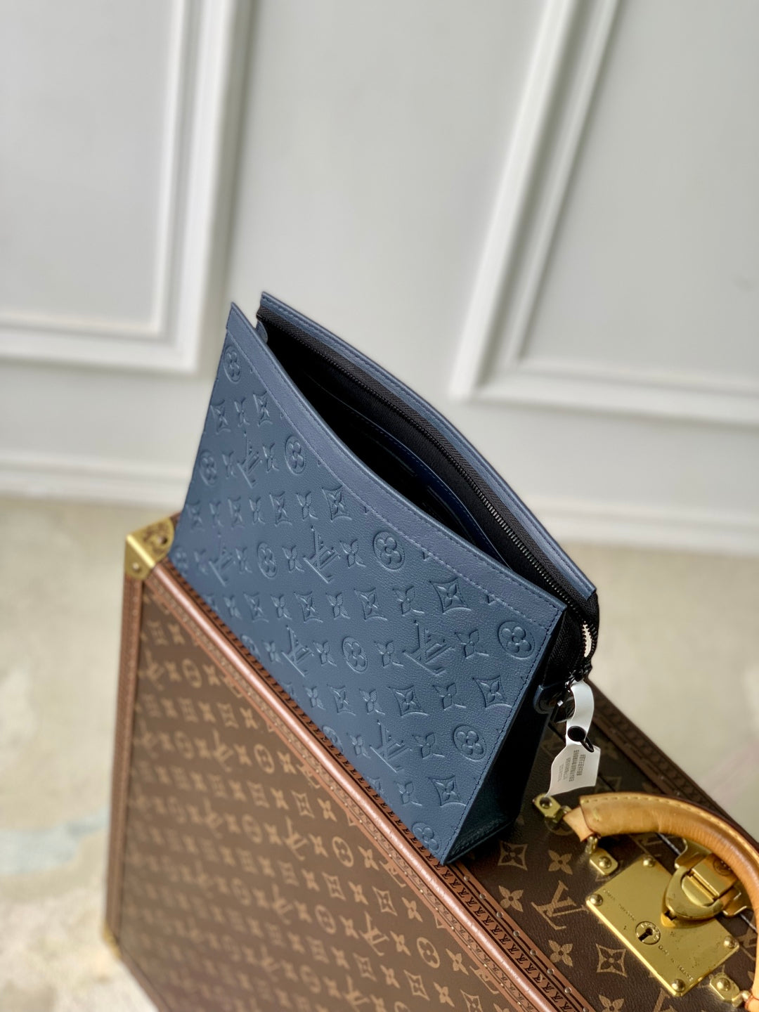 LOUIS VUITTON POCHETTE VOYAGE 27 IN DARK BLUE MONOGRAM ECLIPSE CALFSKIN EMBOSSED LOGO