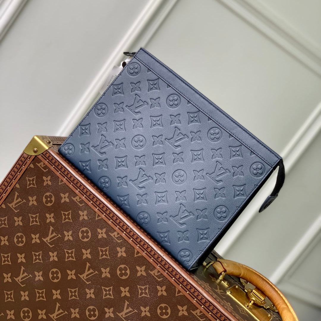 LOUIS VUITTON POCHETTE VOYAGE 27 IN DARK BLUE MONOGRAM ECLIPSE CALFSKIN EMBOSSED LOGO