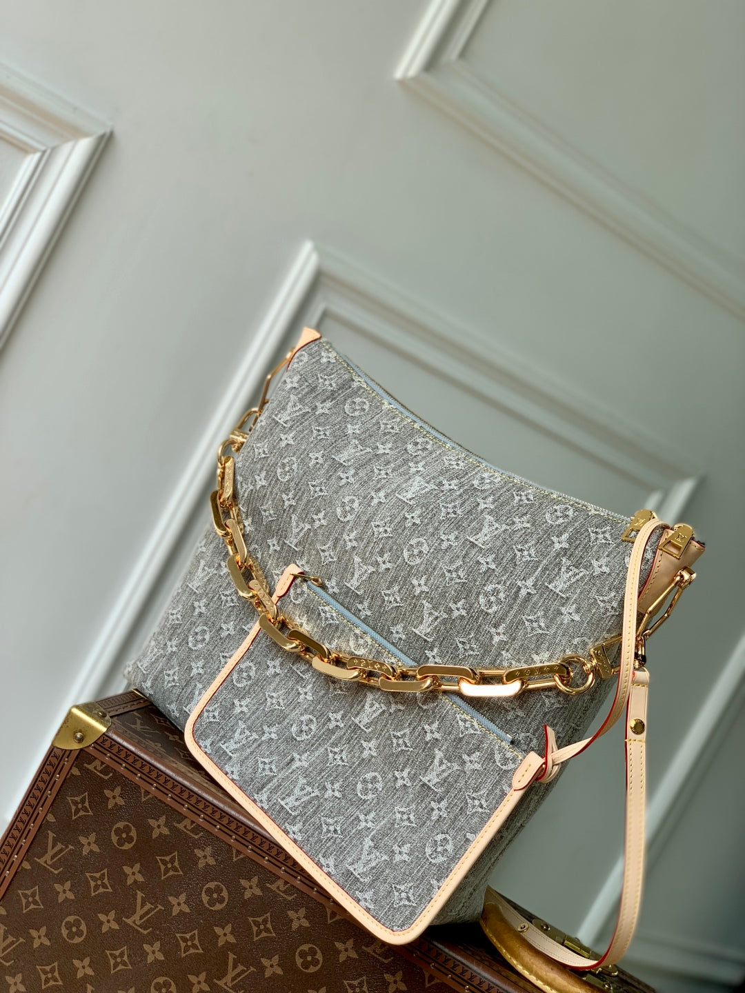 LOUIS VUITTON COUSSIN HOBO MM 38 IN GREY MONOGRAM DENIM