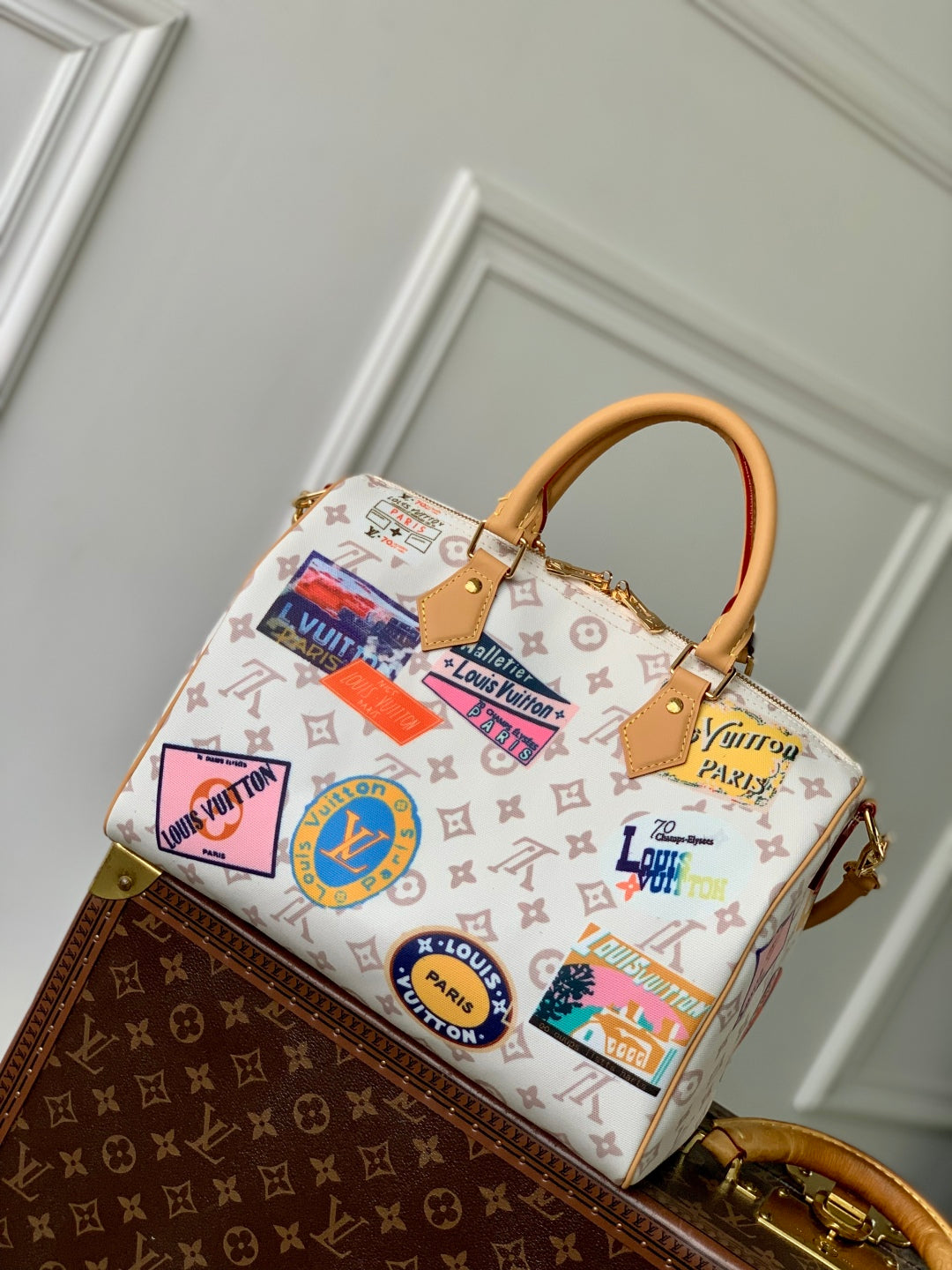LOUIS VUITTON SPEEDY SOFT 30 IN WHITE MONOGRAM DUNE CANVAS AND CALFSKIN