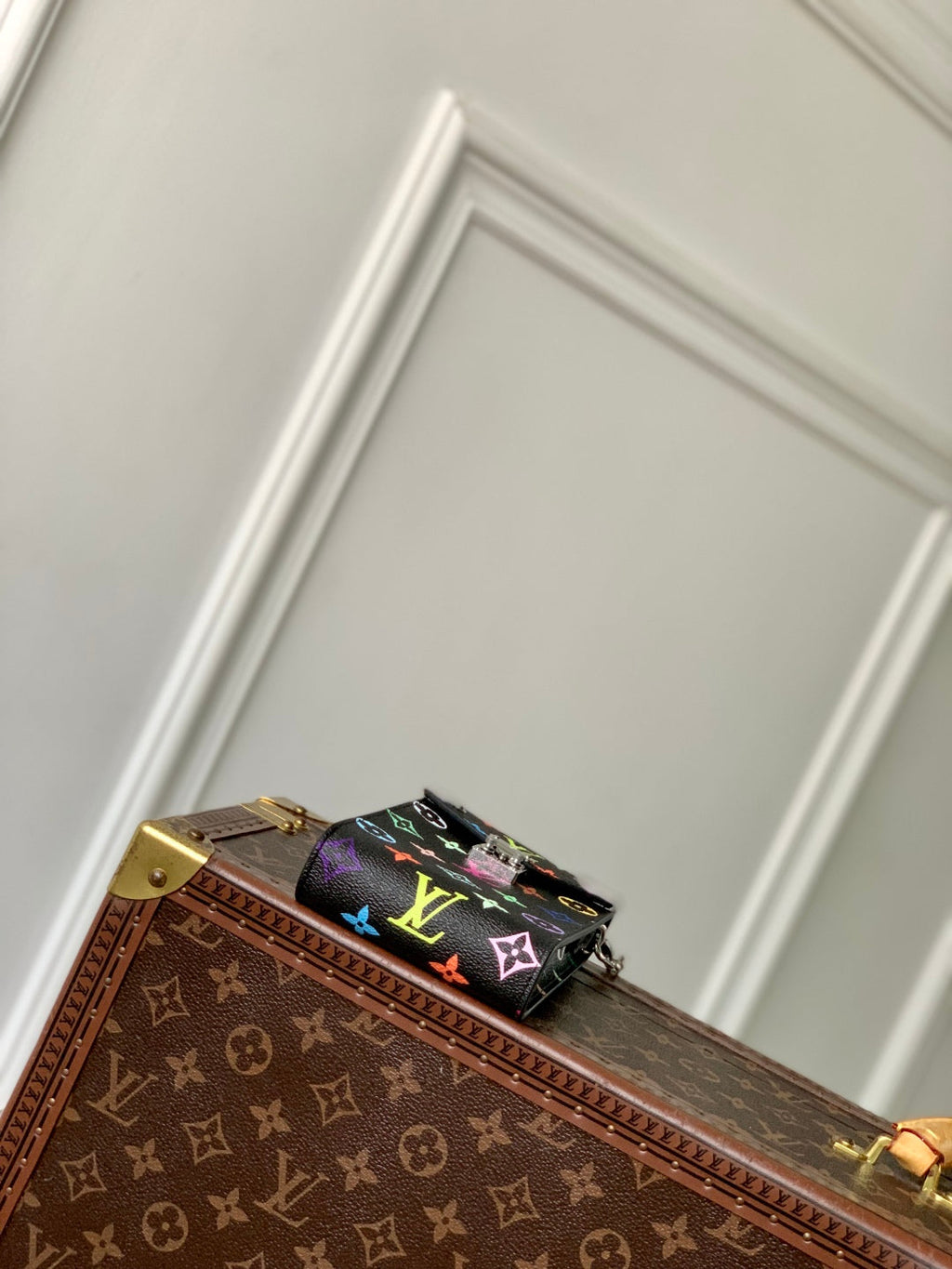 LOUIS VUITTON PHONE POUCH 17.5 IN BLACK MULTICOLORED MONOGRAM COATED CANVAS