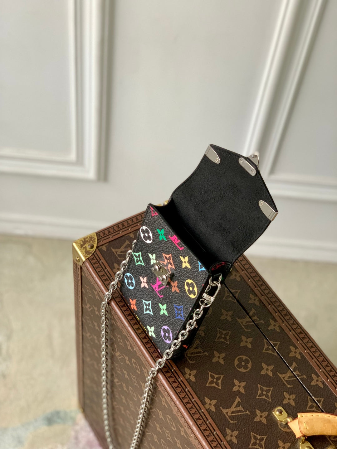 LOUIS VUITTON PHONE POUCH 17.5 IN BLACK MULTICOLORED MONOGRAM COATED CANVAS