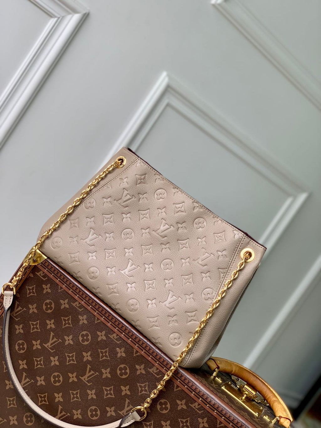 LOUIS VUITTON ANYTIME PM 34 IN ASH BROWN MONOGRAM EMPREINTE CALFSKIN