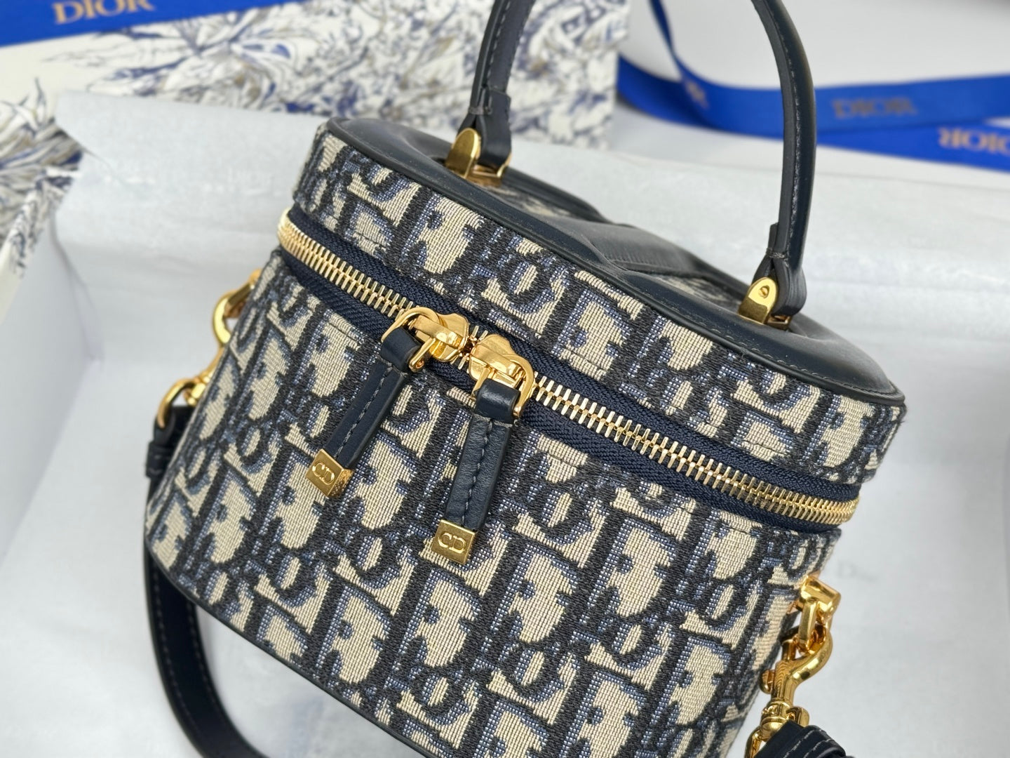 DIOR 25S CD SIGNATURE VANITY 16 IN BLUE  OBLIQUE JACQUARD CANVAS