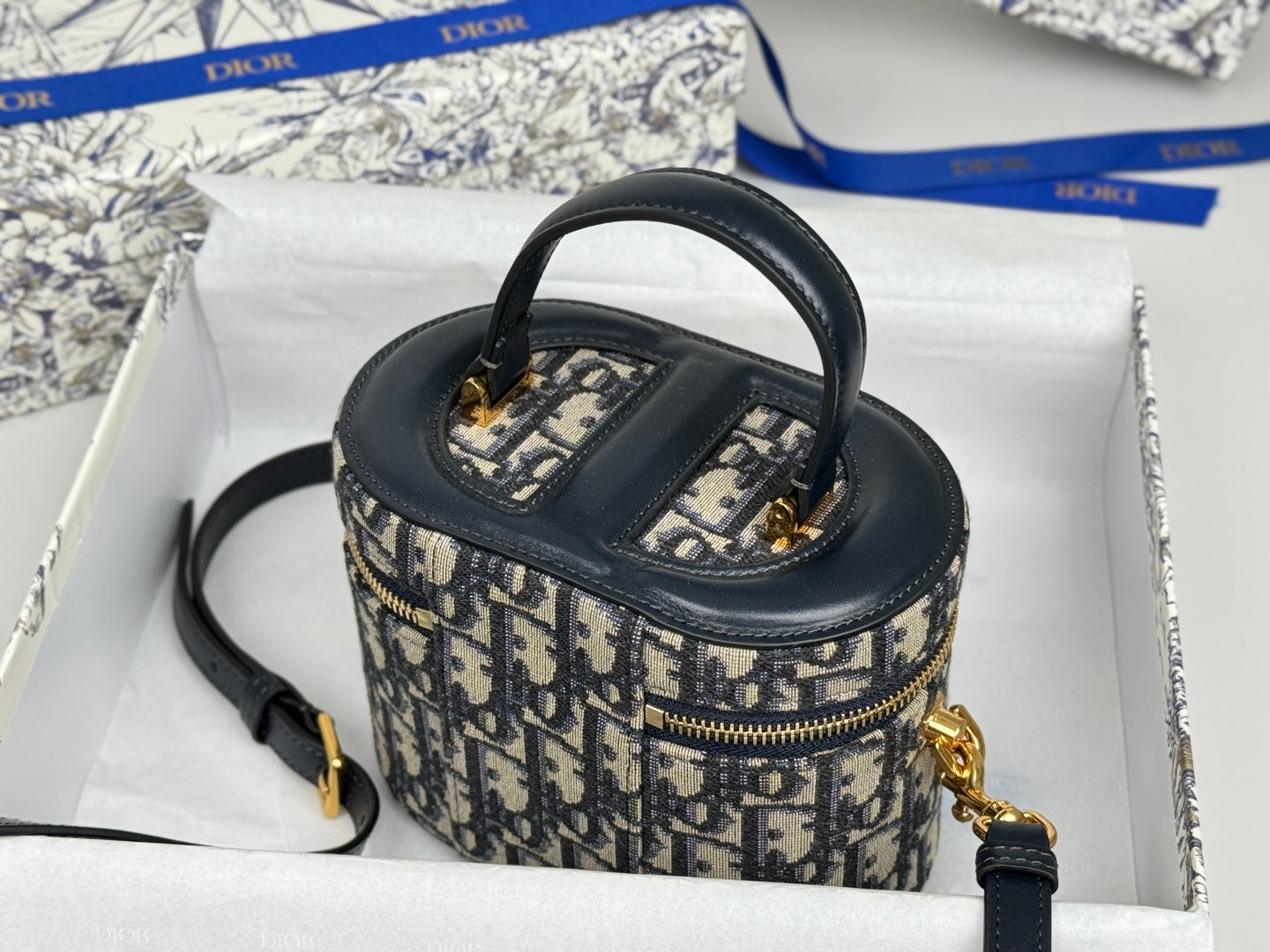 DIOR 25S CD SIGNATURE VANITY 16 IN BLUE  OBLIQUE JACQUARD CANVAS