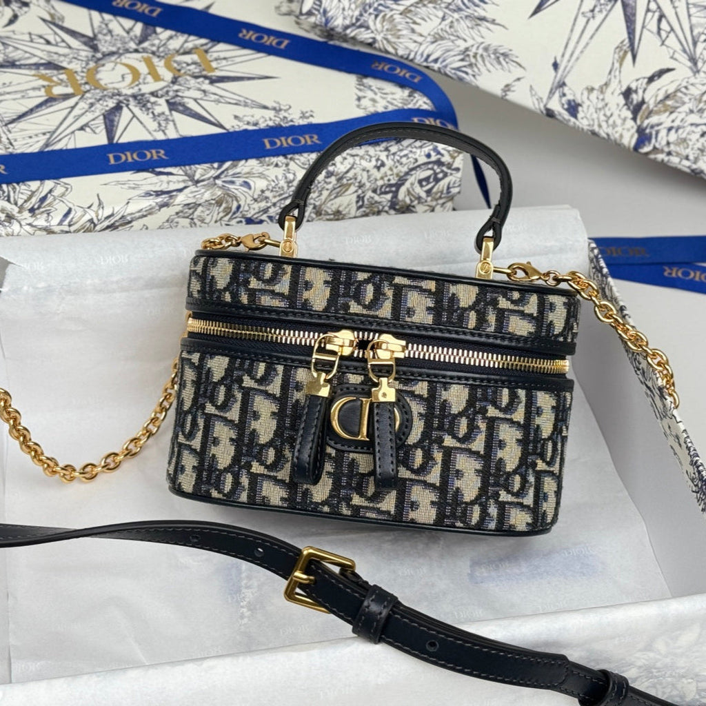 DIOR 25S 30 MONTAIGNE MINI VANITY CASE 16 IN BLUE  OBLIQUE JACQUARD CANVAS