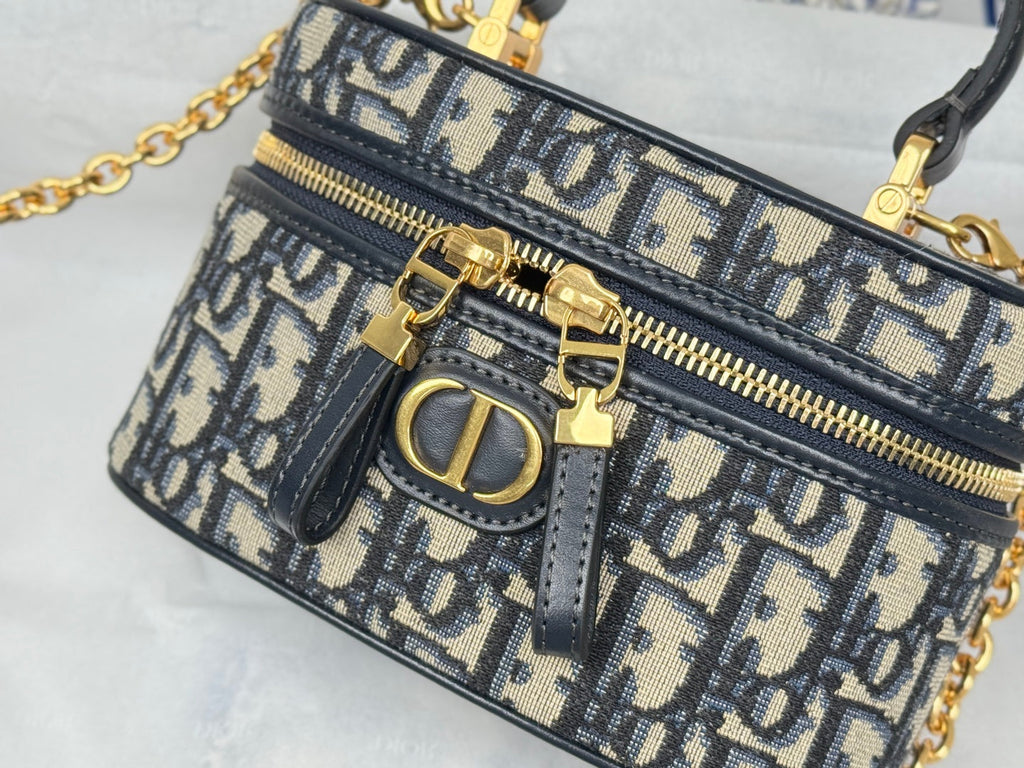 DIOR 25S 30 MONTAIGNE MINI VANITY CASE 16 IN BLUE  OBLIQUE JACQUARD CANVAS