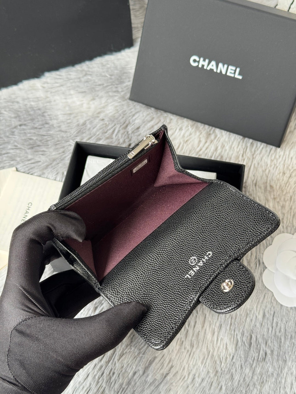 CHANEL 25S CLASSIC FLAP CARD HOLDER 11 IN BLACK CAVIAR SILVER HARDWARE