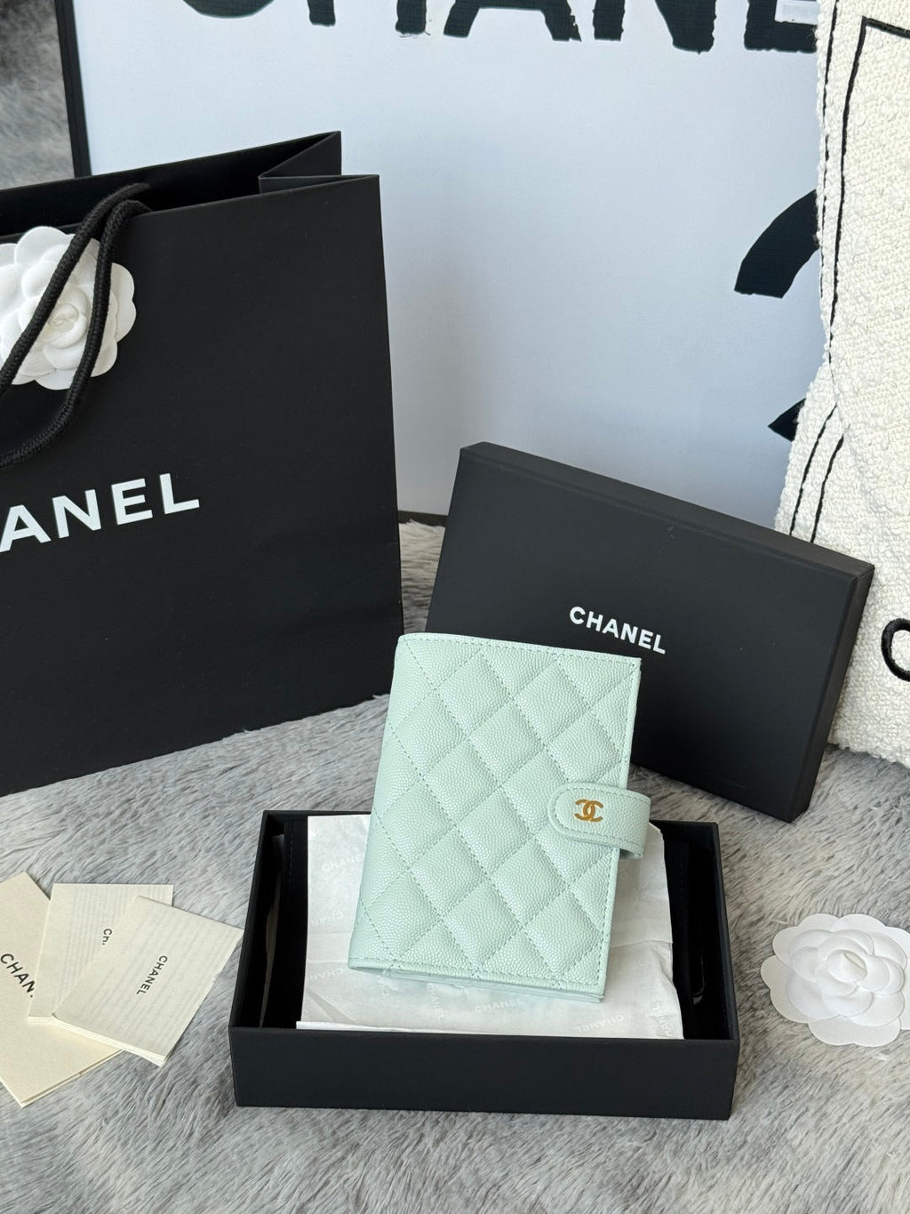 CHANEL 25S MULTI PURPOSE PASSPORT WALLET 15 IN SOFT MINT CALFSKIN GOLD HARDWARE