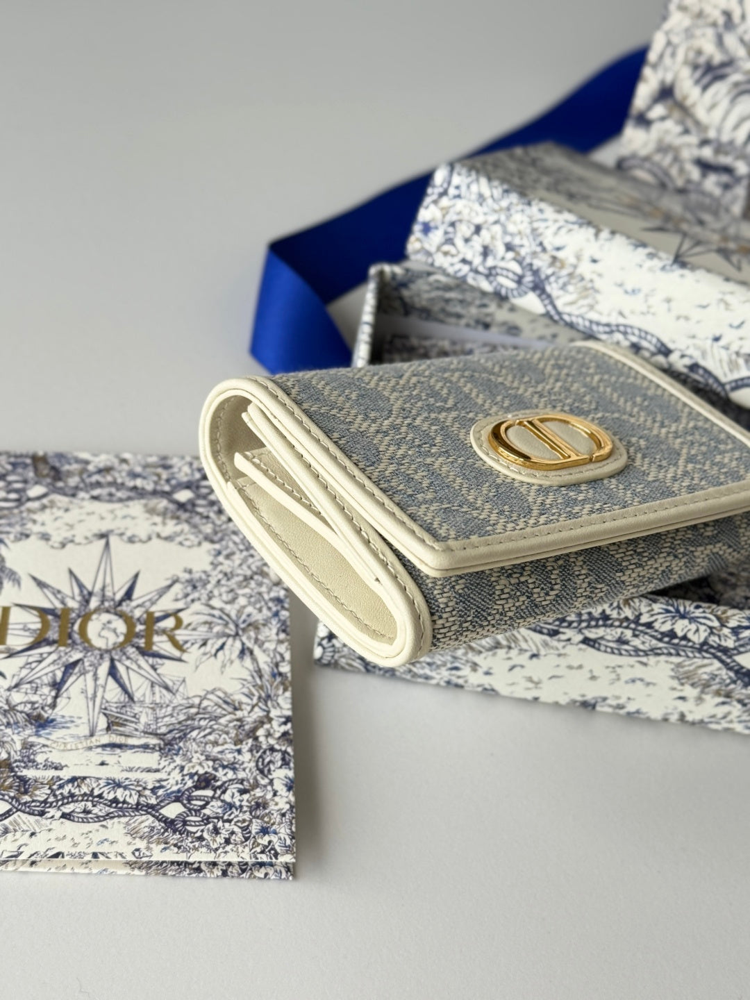 DIOR 25S CARO CARD HOLDER 11 IN LIGHT BLUE CALFSKIN AND CANVAS GOLD HARDWARE