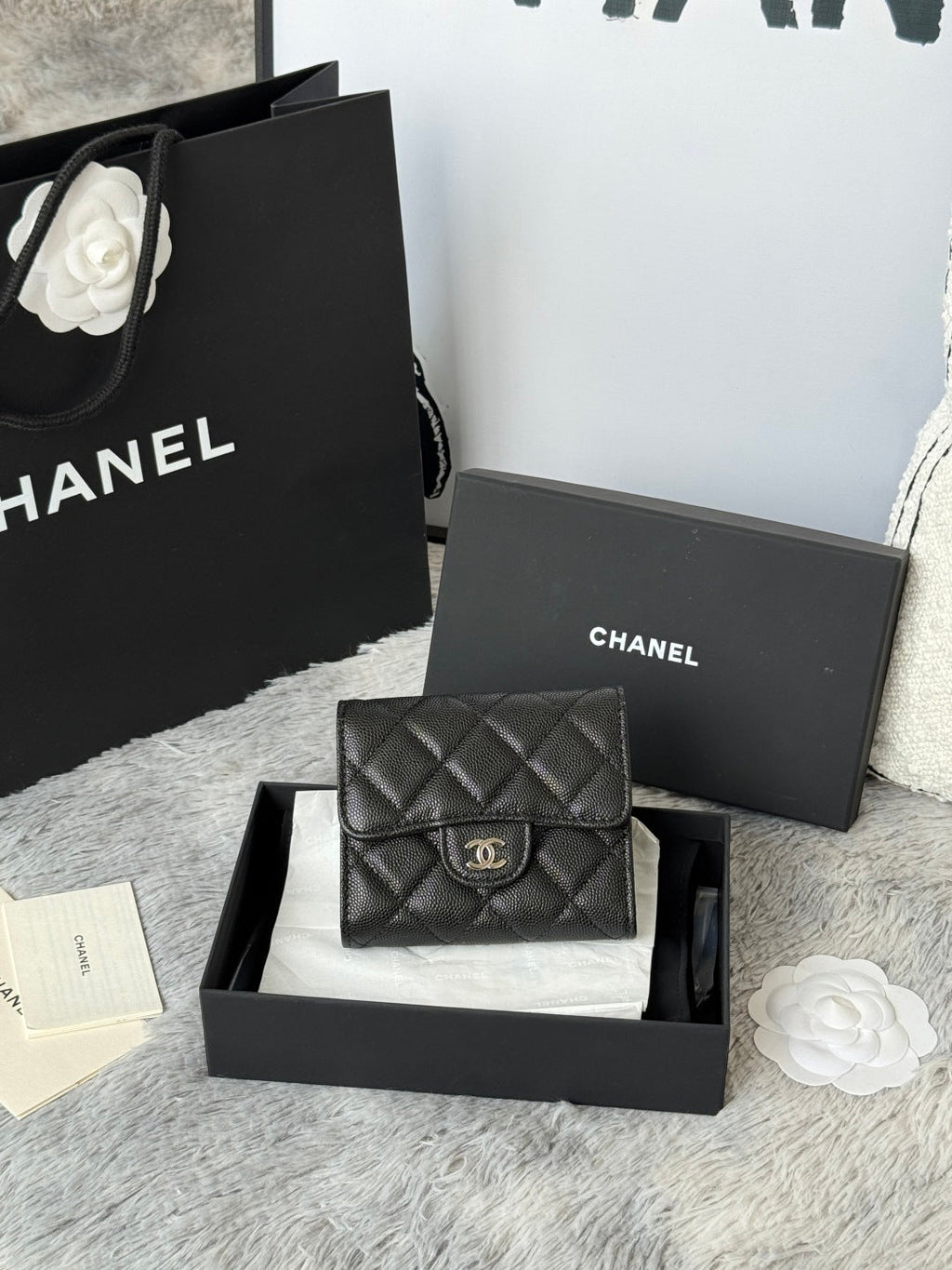 CHANEL 25S CF SMALL TRI FOLD WALLET 11 IN BLACK CAVIAR SILVER HARDWARE