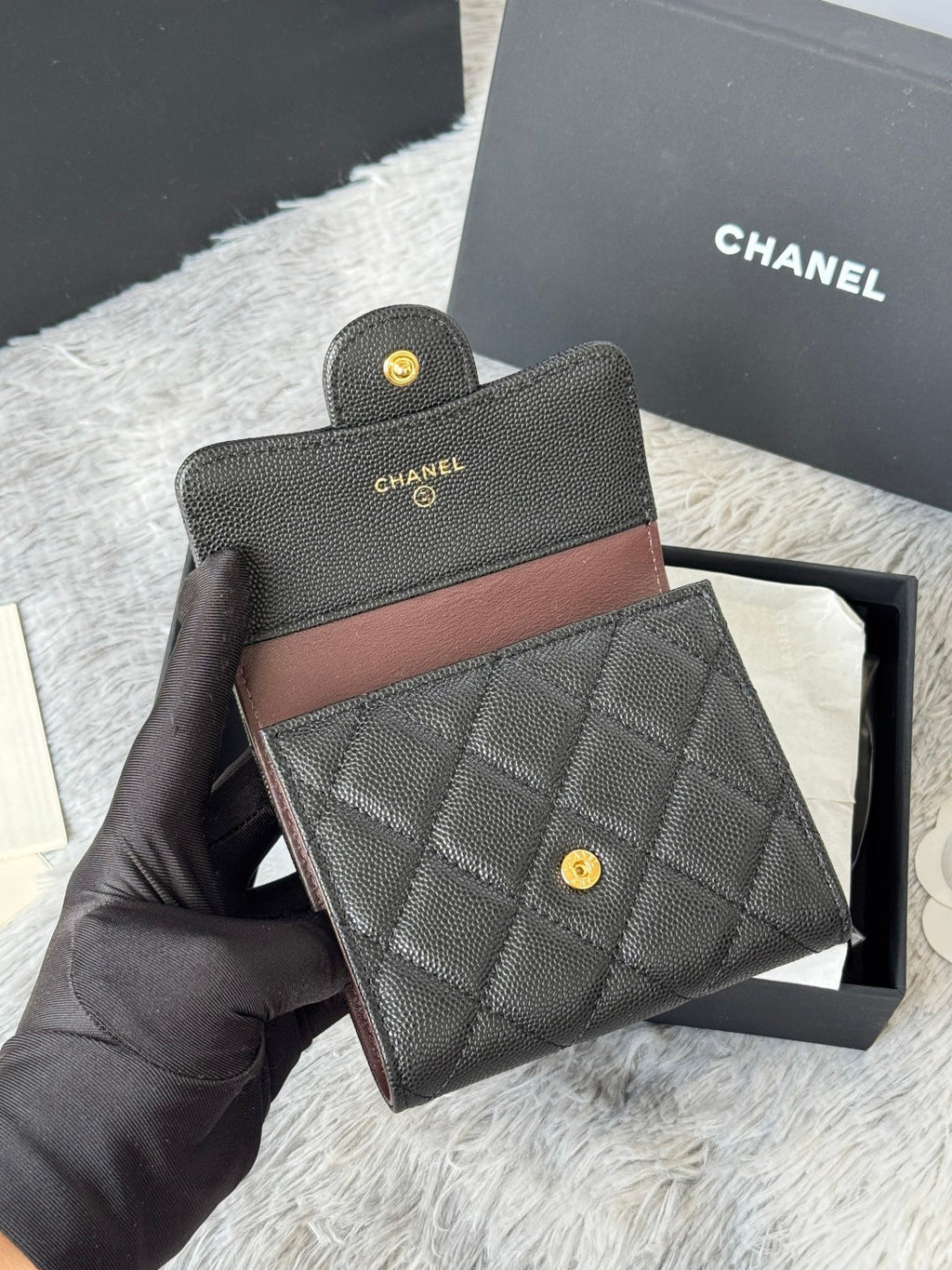 CHANEL 25S CF SMALL TRI FOLD WALLET 11 IN BLACK CAVIAR GOLD HARDWARE