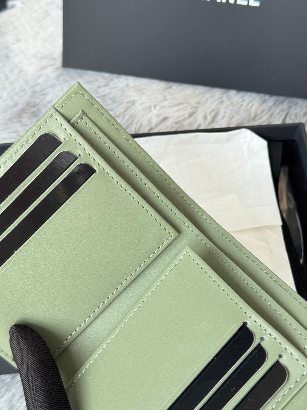 CHANEL 25S CF SMALL TRI FOLD WALLET 11 IN MOSS GREEN CAVIAR GOLD HARDWARE